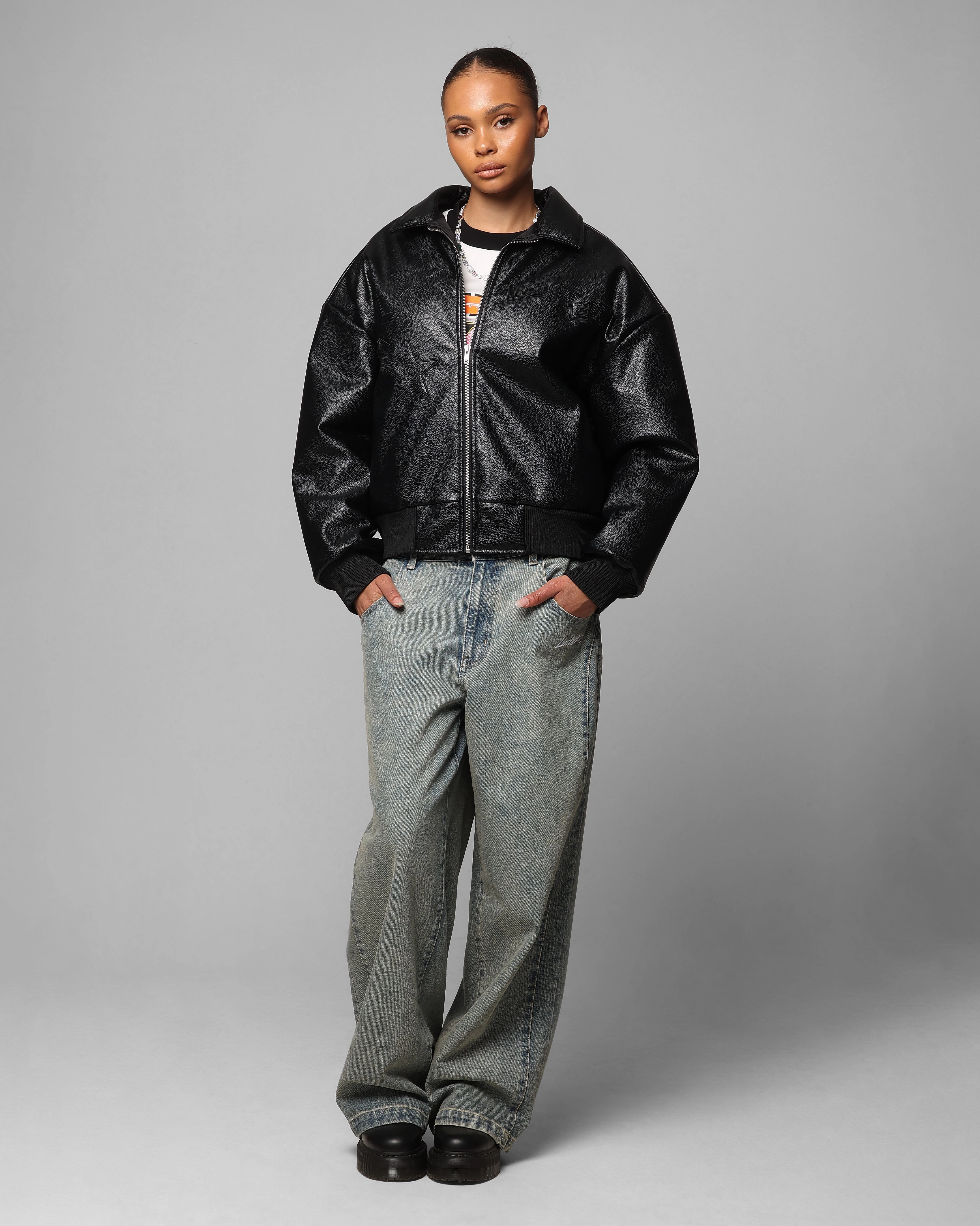 Loiter Solar Vegan Leather Varsity Jacket Black Personalized