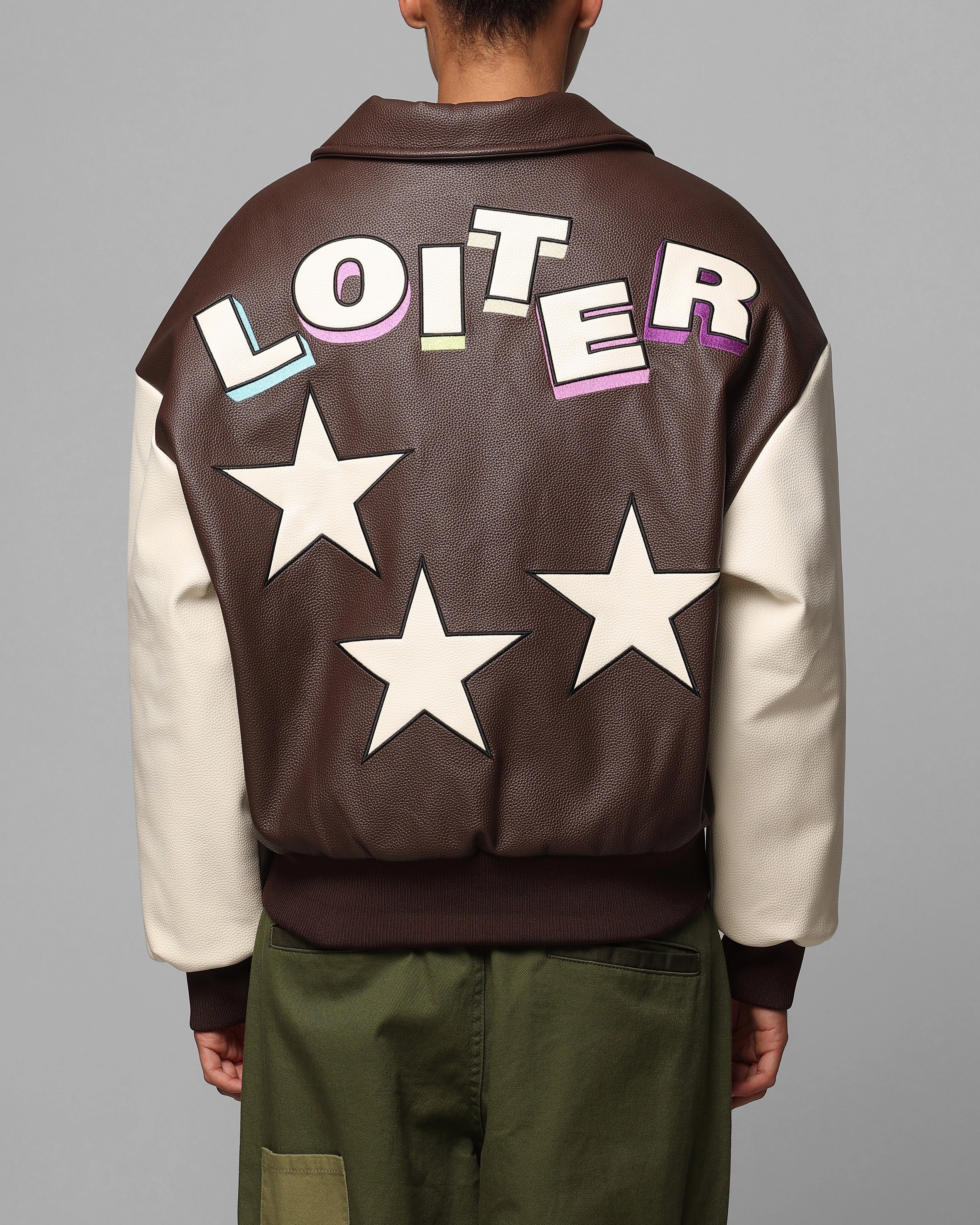 Loiter Solar Vegan Leather Varsity Jacket Brown/Beige InsulatedLayer