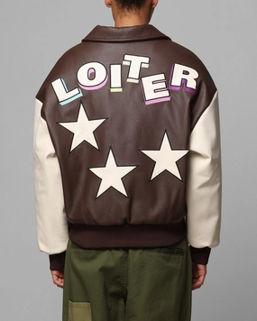 Loiter Solar Vegan Leather Varsity Jacket Brown/Beige InsulatedLayer