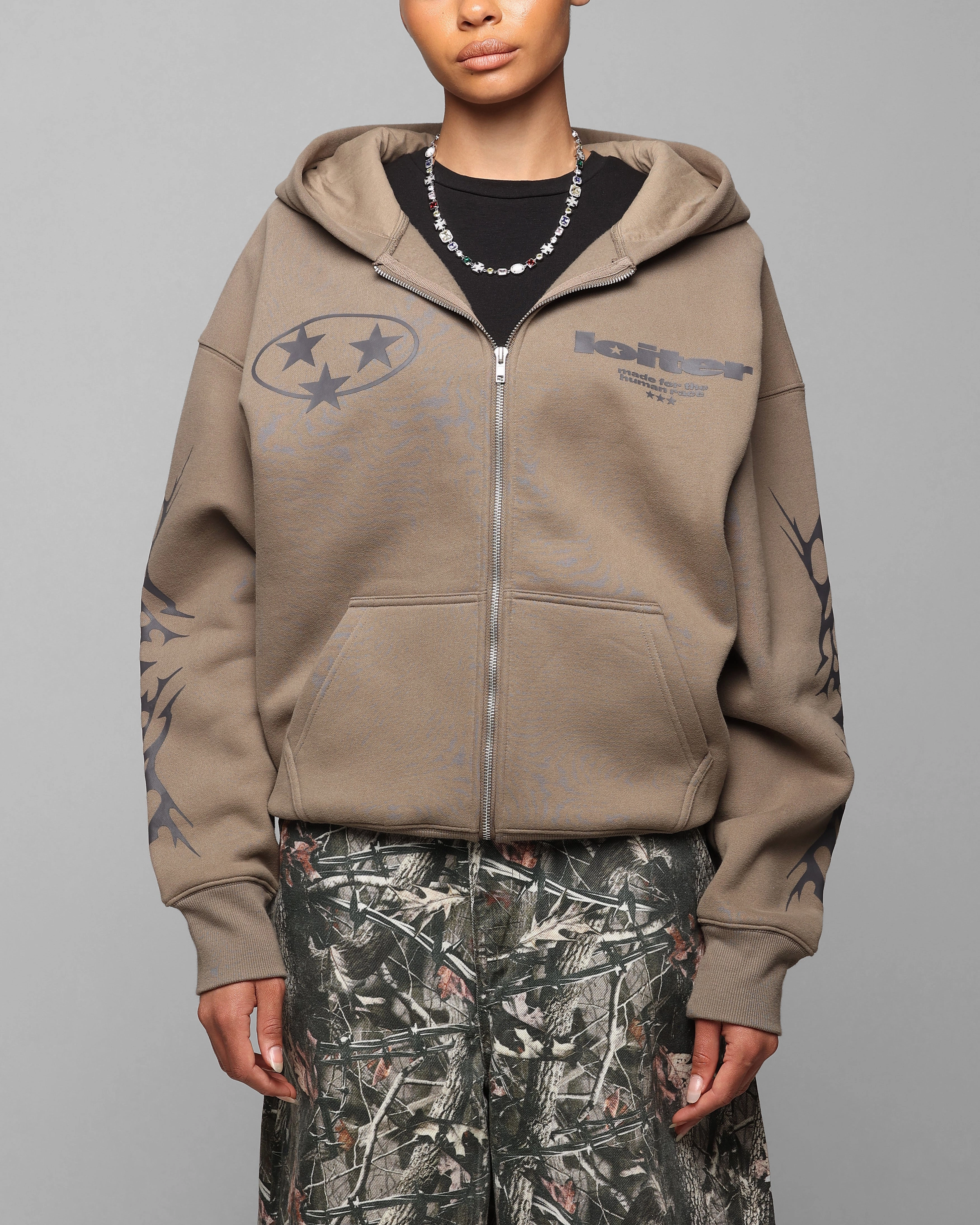 beach scene Sporty Style Loiter Solar Zip Hoodie Brown