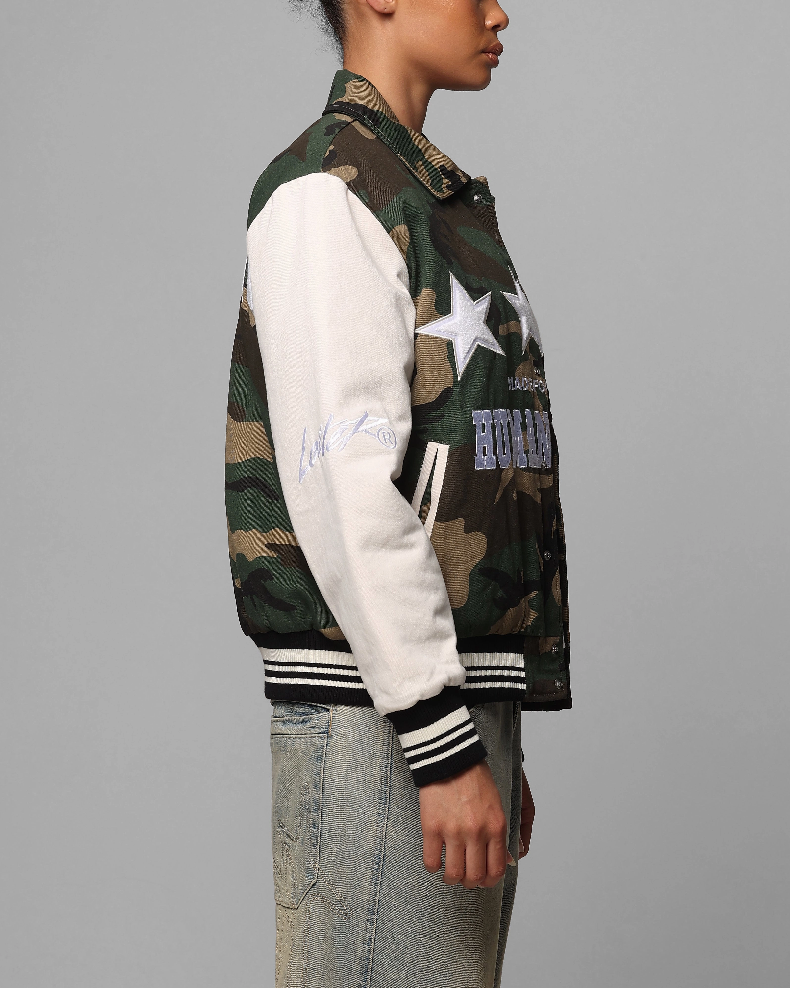 New Year's Loiter Star Child Varsity Jacket Woodland Camo