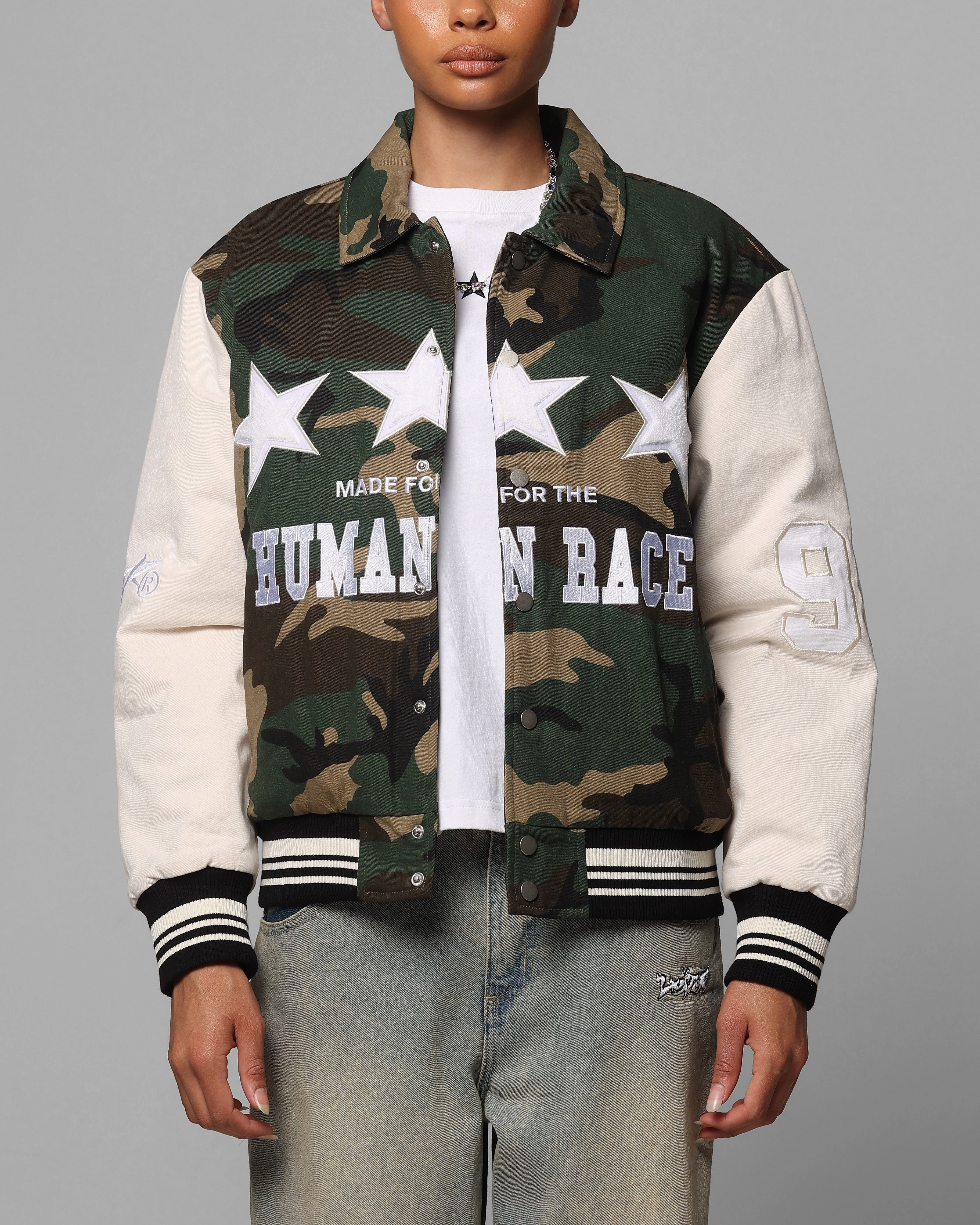 Loiter Star Child Varsity Jacket Woodland Camo Water Resistant Material