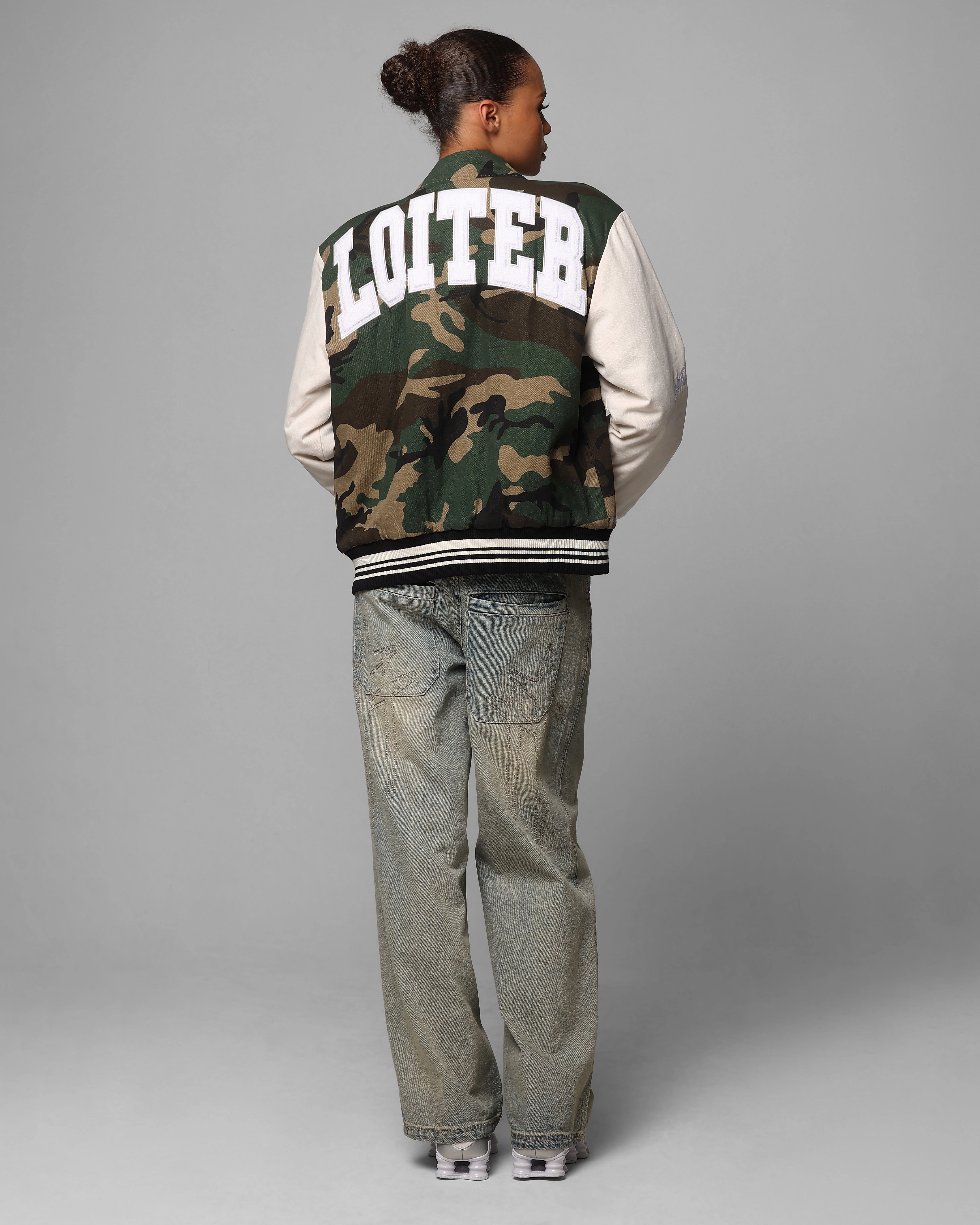 Durable Seams Loiter Star Child Varsity Jacket Woodland Camo