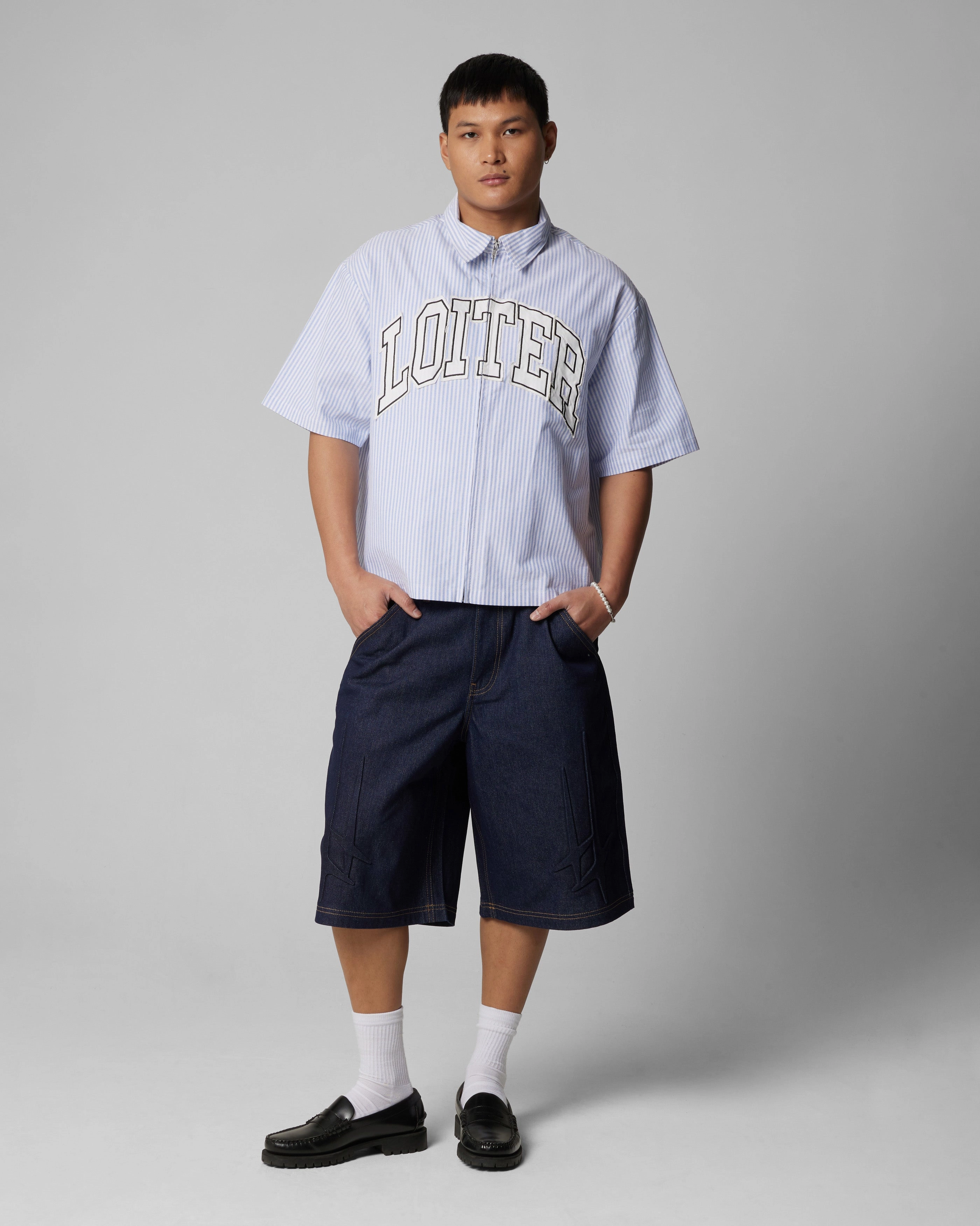 Stretchable Cloth Loiter Studio Zip Shirt Blue Stripe