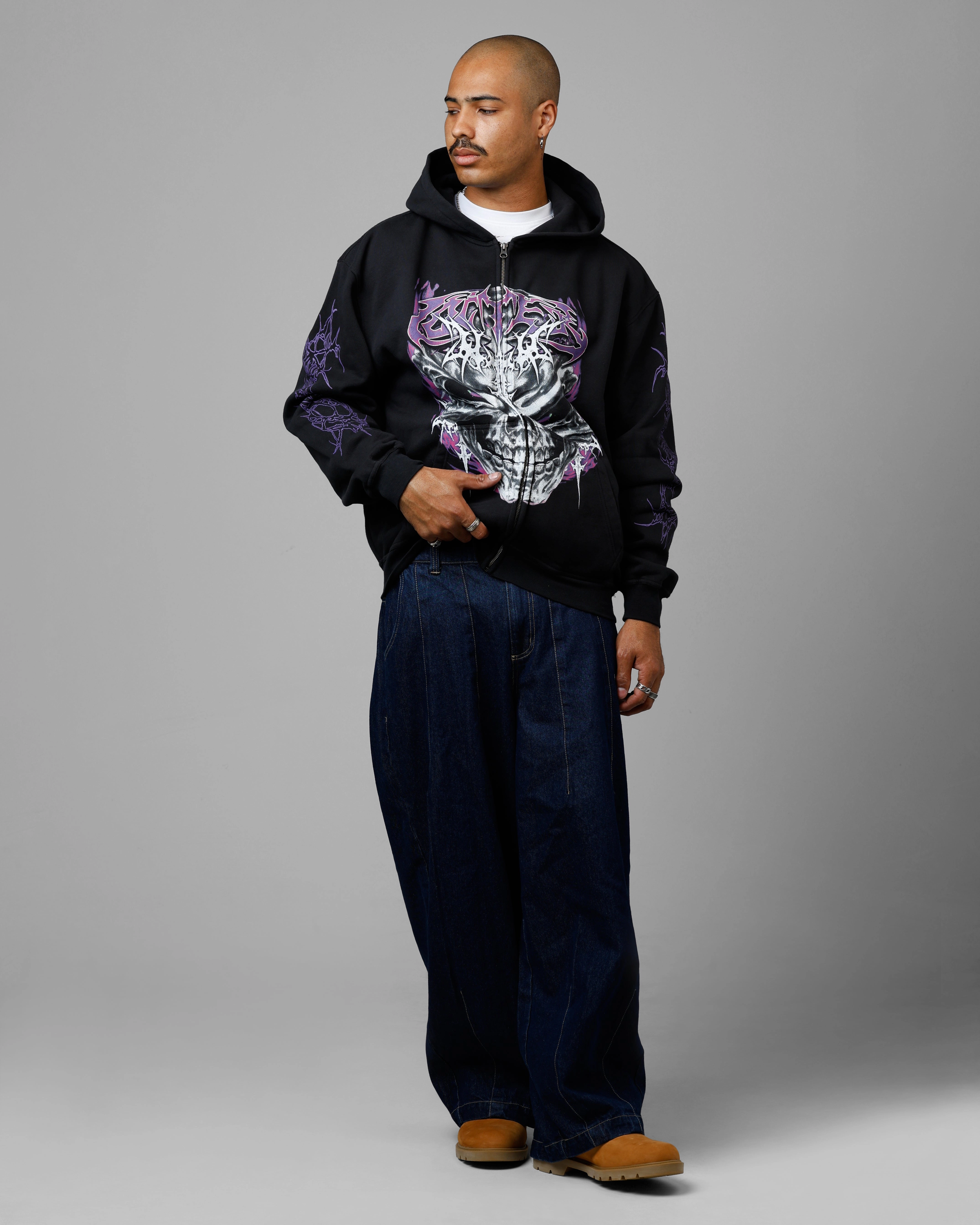 High Collar Style Light Reflective Loiter Tribal Skull Zip Up Hoodie Black