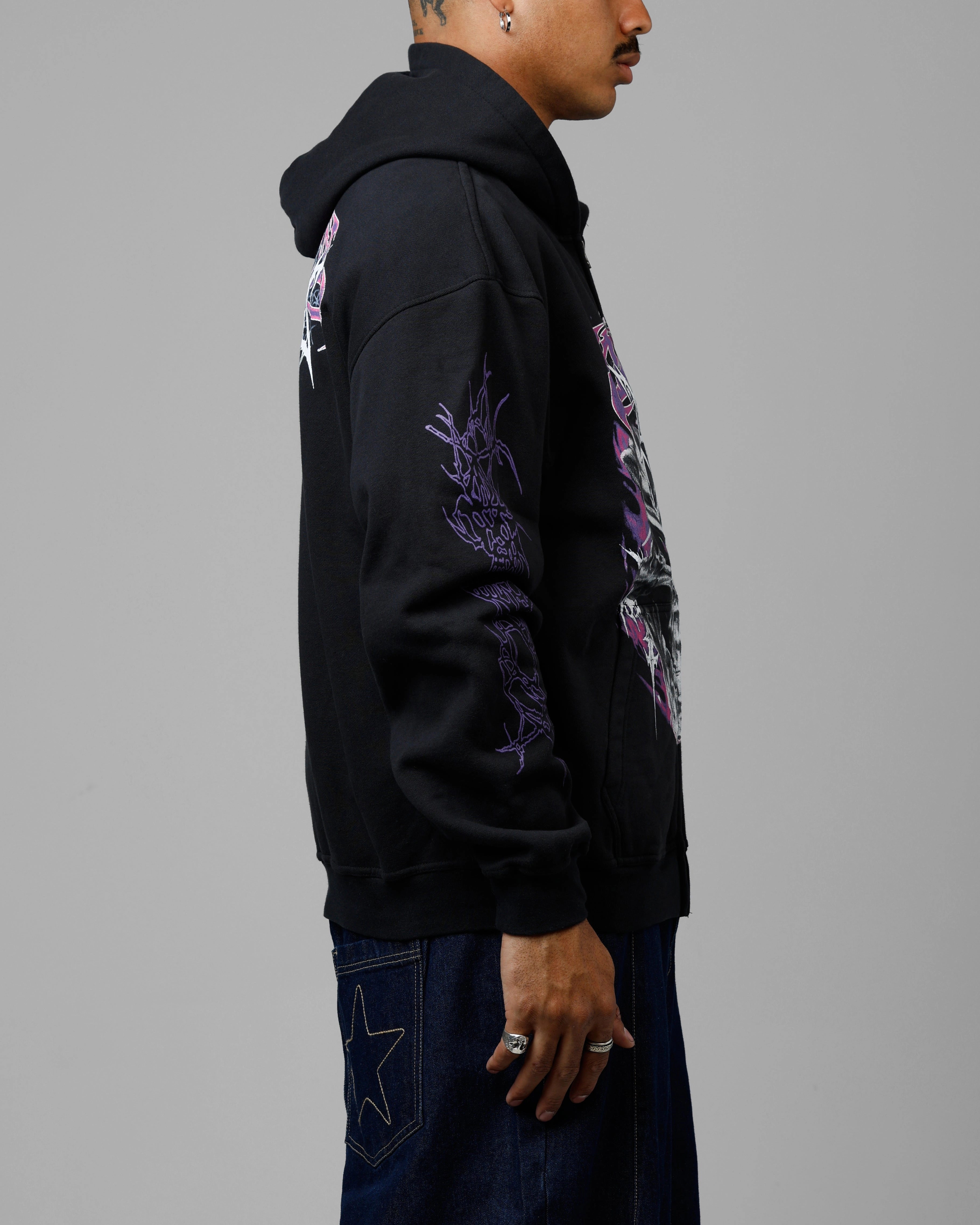 Loiter Tribal Skull Zip Up Hoodie Black Plus Size Layer Ready