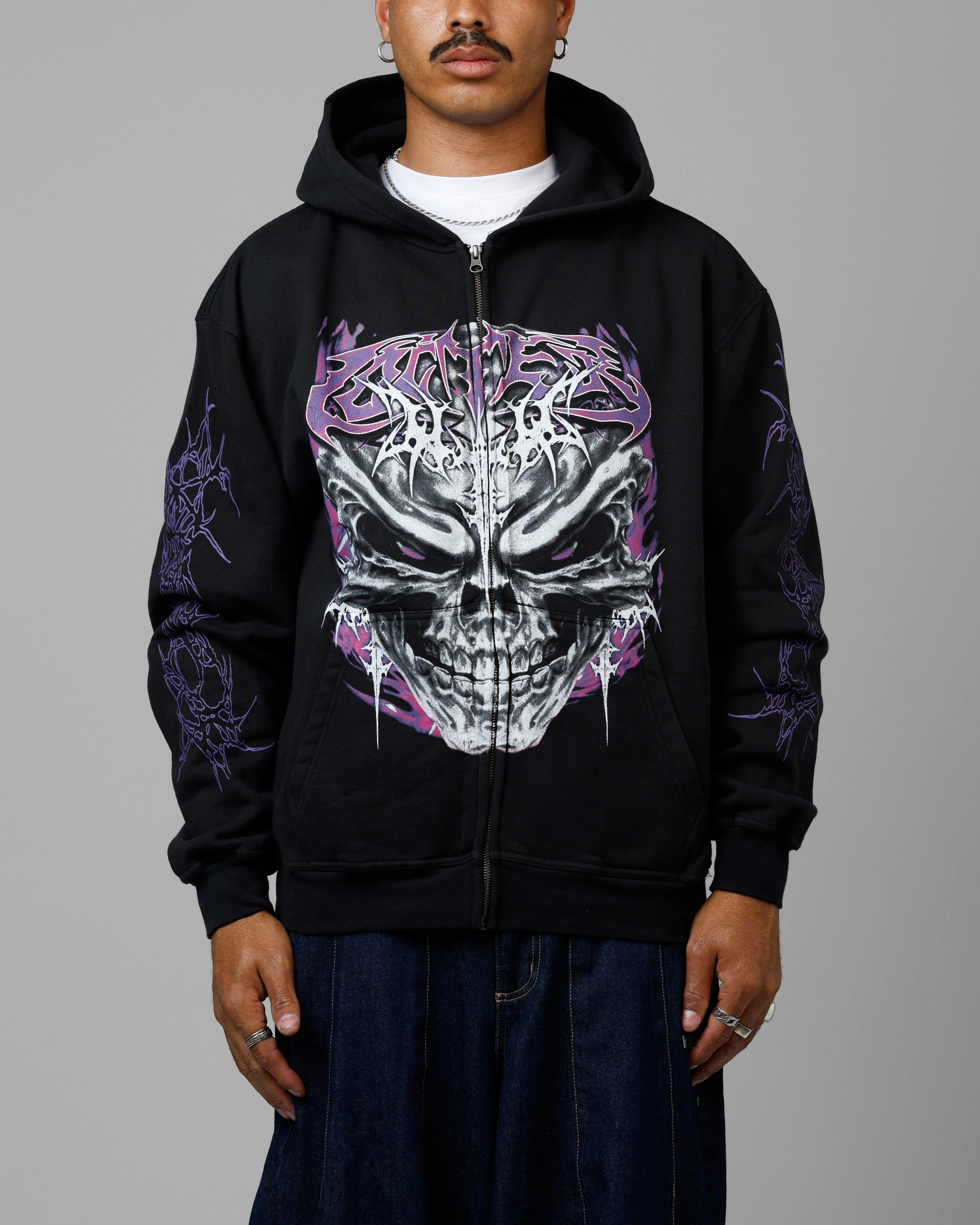 Dynamic Feel Loiter Tribal Skull Zip Up Hoodie Black