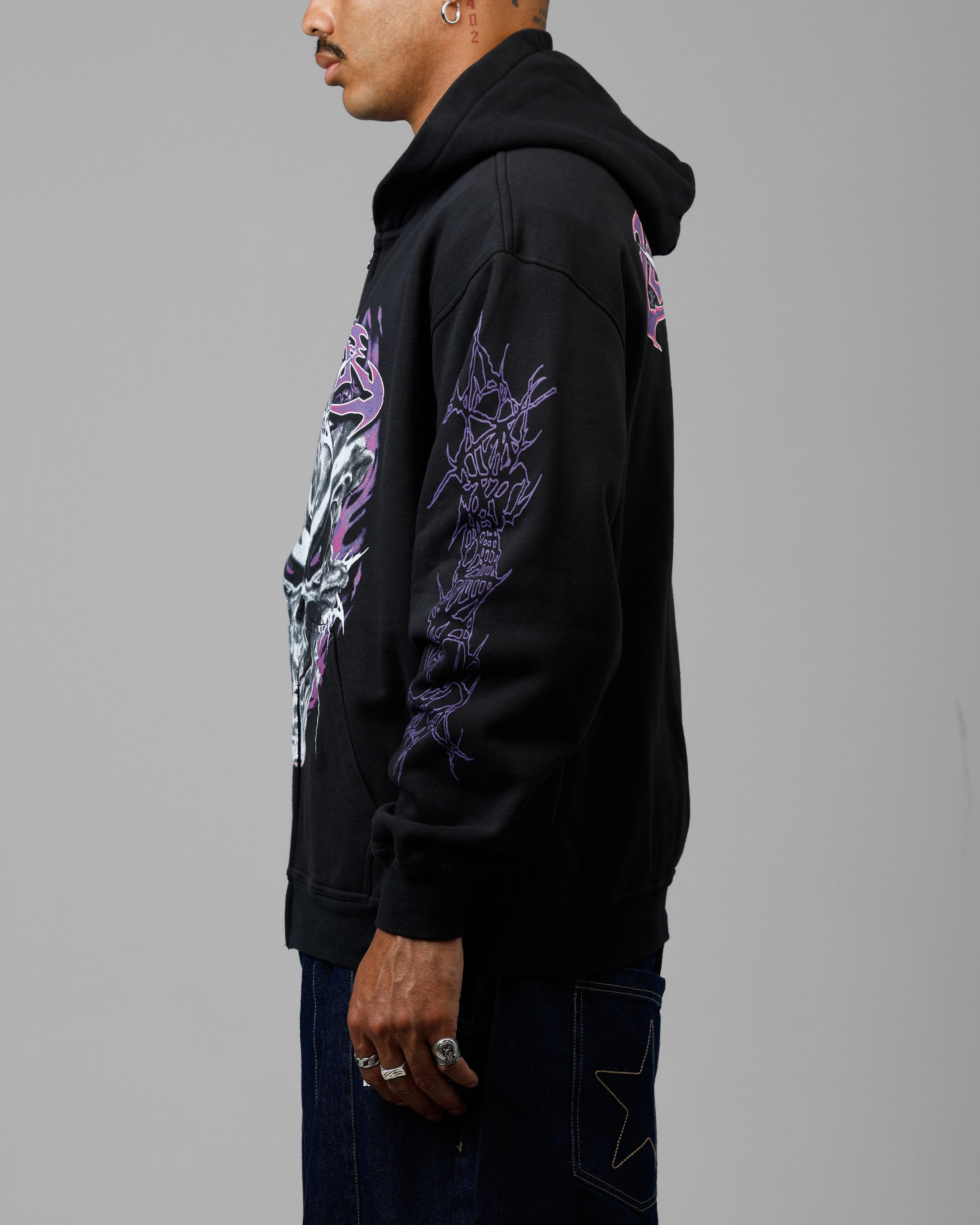 Supply Network Loiter Tribal Skull Zip Up Hoodie Black