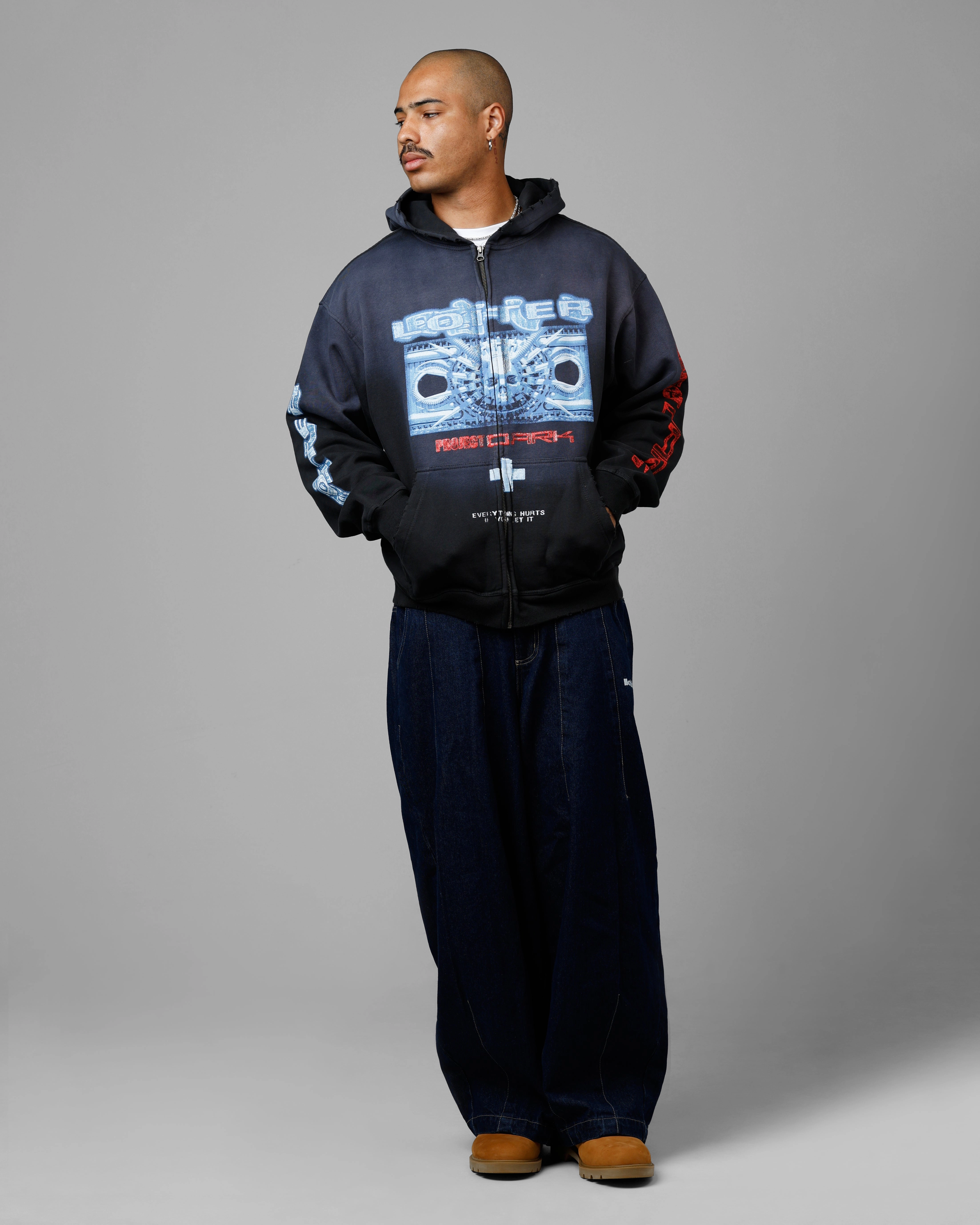 Loiter Void Zip Up Hoodie Washed Black Warm Insulation Lotion