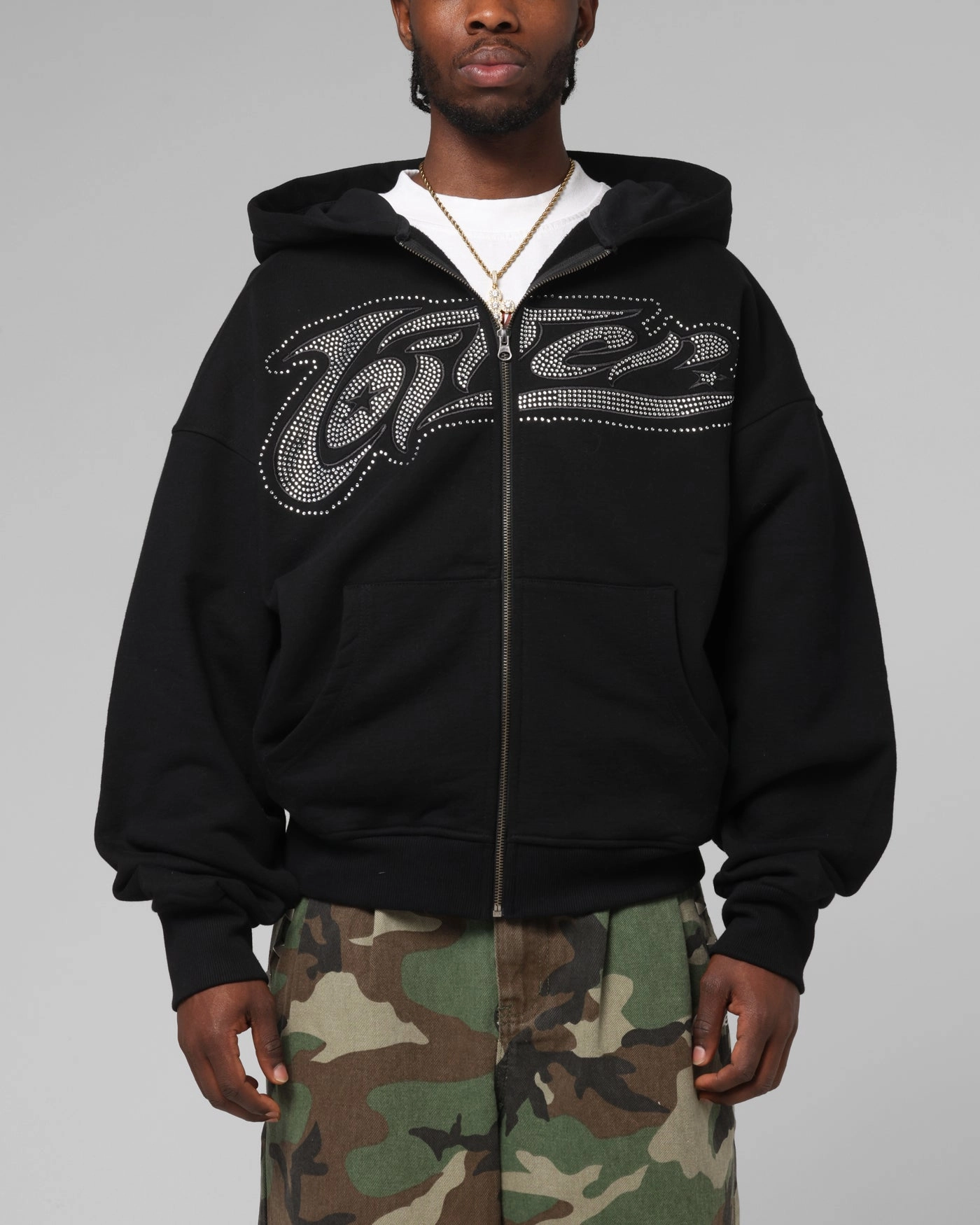 Loiter Weezy Rhinestone Zip Hoodie Black Quick Drying