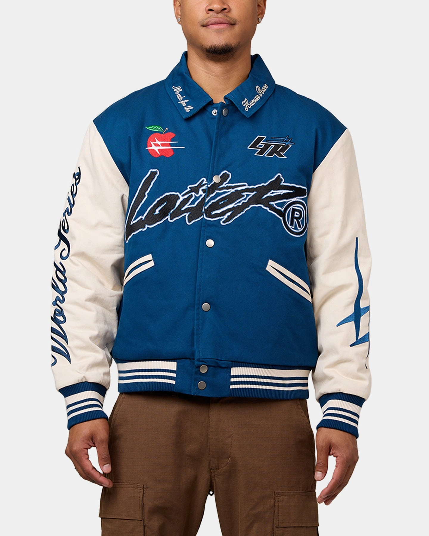 All weather Cozy Fit Loiter World Series Varsity Jacket Dark Blue