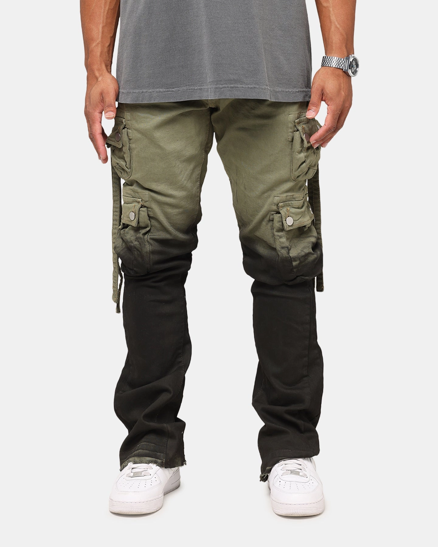 Casual Solution MNML B569 Cargo Flare Denim Jeans Olive/Black