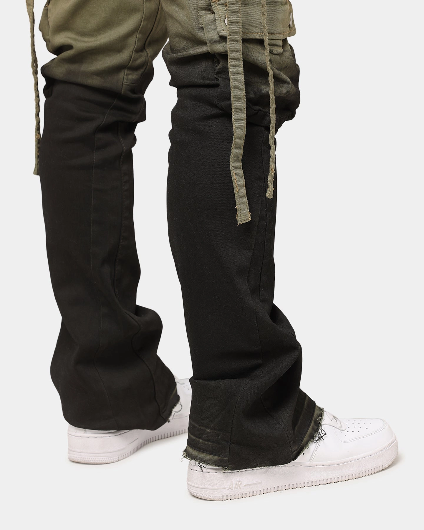 Home Comfort Bold Look Sunny Vibes Neutral Style MNML B569 Cargo Flare Denim Jeans Olive/Black