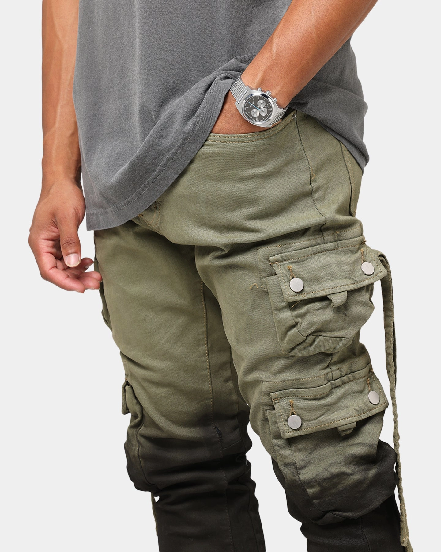Adjustable Waistband Affordable Outdoor Adventure Artist Vibe MNML B569 Cargo Flare Denim Jeans Olive/Black