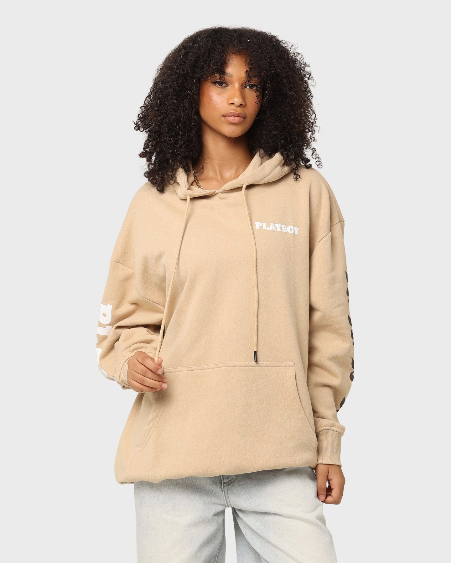 Convertible Collar back - to - school Playboy Stack Blend Hoodie Tan