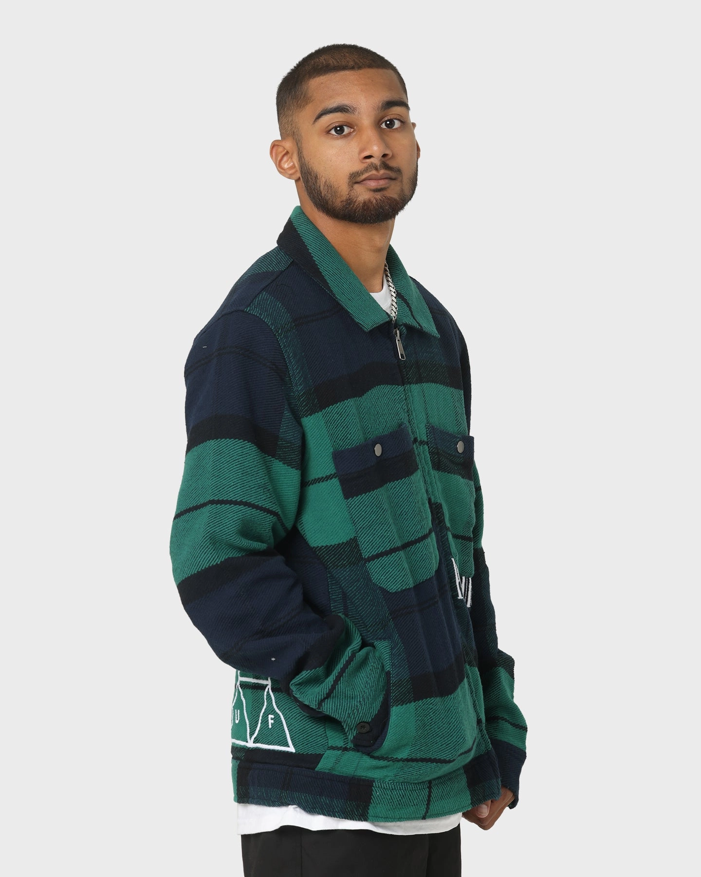 HUF X Pleasures Blackwatch Work Jacket Navy wedding guests