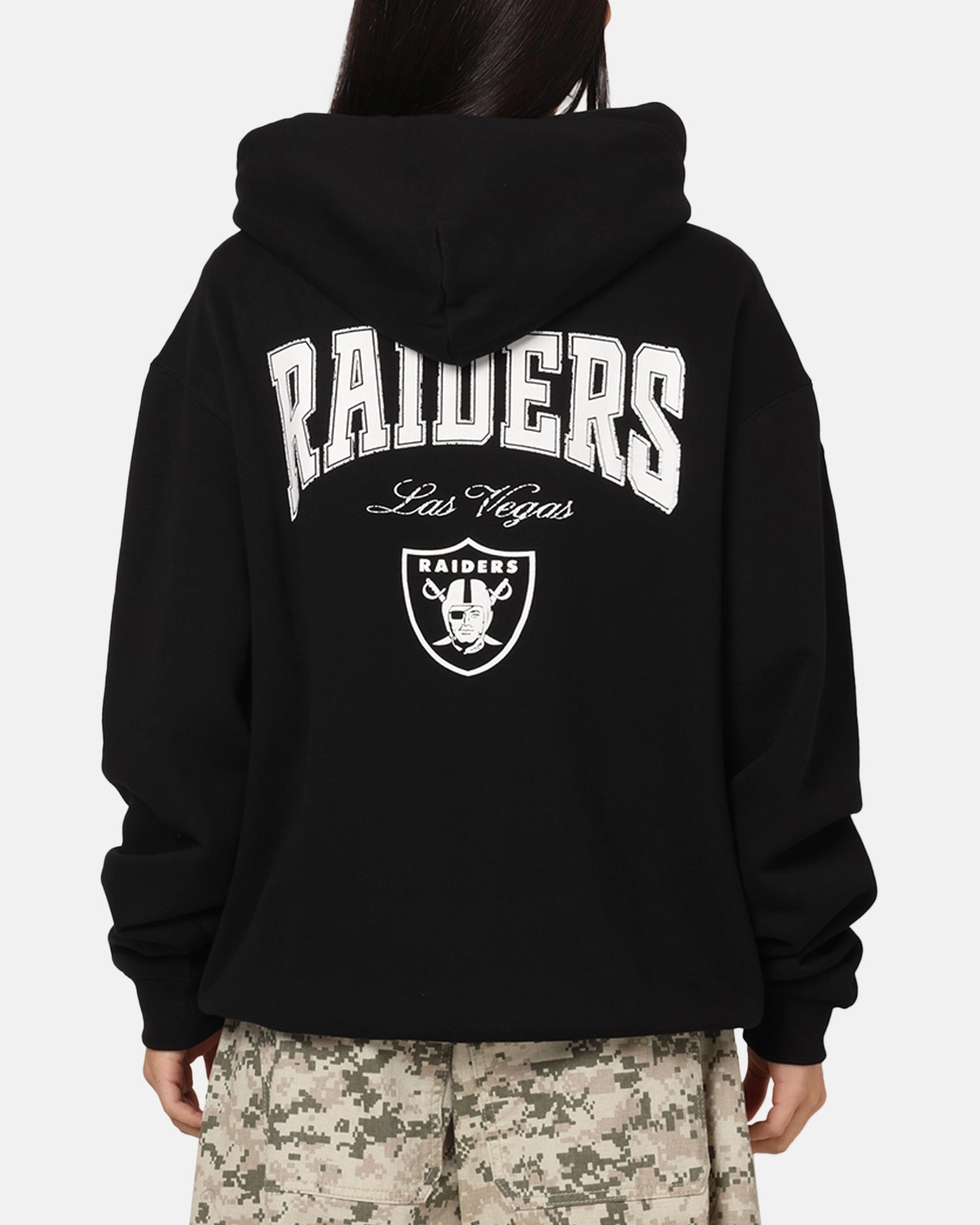 Majestic Athletic Las Vegas Raiders Champs Serial Mono Hoodie Black Layered Hood Design Denim Look