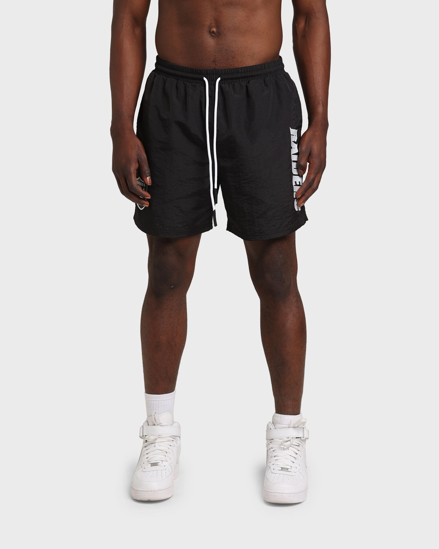 Majestic Athletic Las Vegas Raiders Chrome Font Beach Shorts Black Sweat Wicking Fabric Stretchable Material