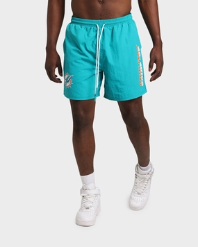 Majestic Athletic Miami Dolphins Chrome Font Beach Shorts Teal Fitness Look