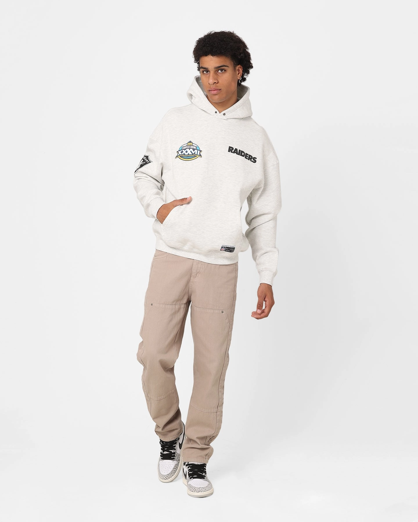 Majestic Athletic Oakland Raiders Vintage Athletic Pop Neck Hoodie Vintage White Marle Bond