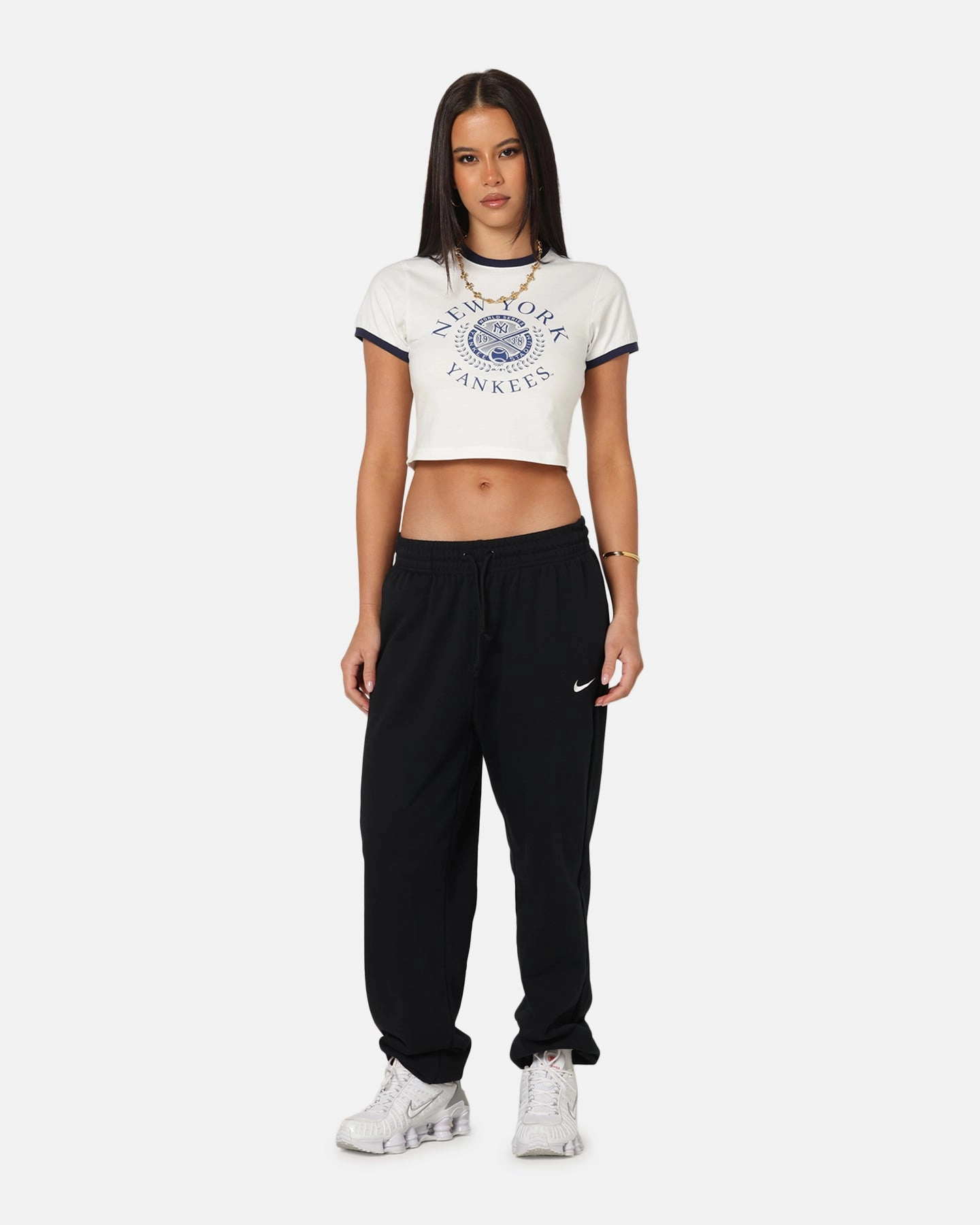 harmonious School Uniform Majestic Athletic Women's New York Yankees Crest Baby T-Shirt Vintage White