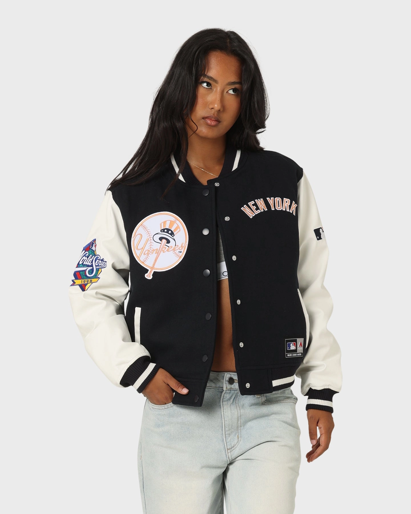 Easy Movement Quick Layering Majestic Athletic Women's New York Yankees Team Wordmark Melton/PU Jacket French Navy