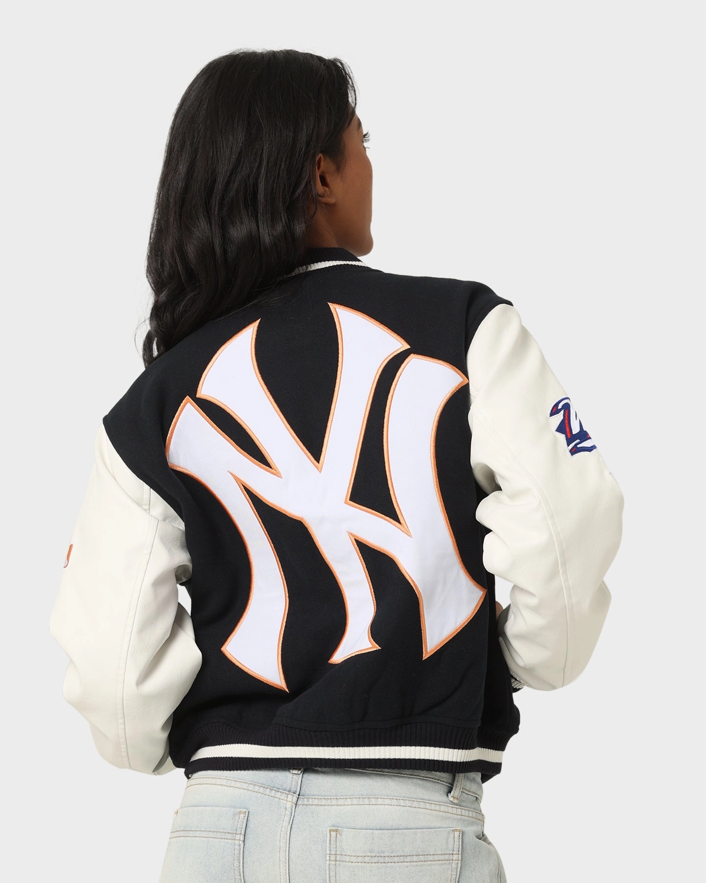 Majestic Athletic Women's New York Yankees Team Wordmark Melton/PU Jacket French Navy back - to - school