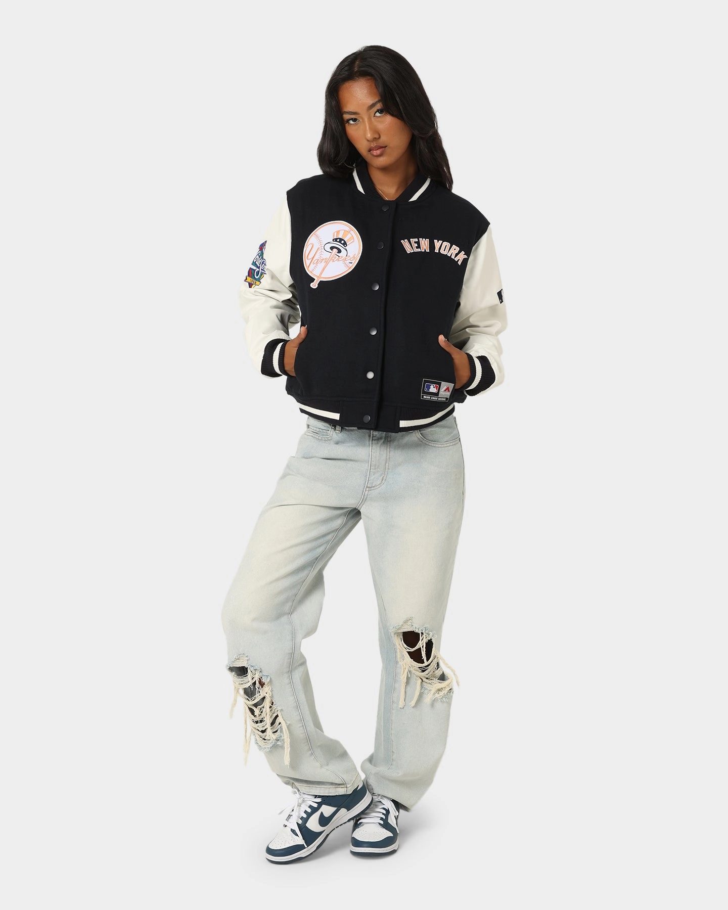 Expose Chic Majestic Athletic Women's New York Yankees Team Wordmark Melton/PU Jacket French Navy
