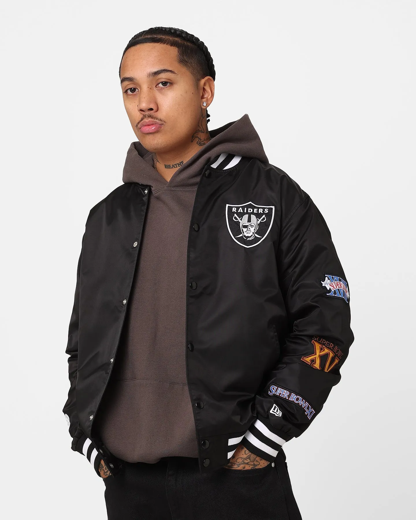 concert - goers Investment New Era Las Vegas Raiders Nylon Varsity Jacket Black
