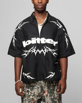 Loiter Cyber Zip Up Short Sleeve Shirt Black Monochrome Style High-Quality Fabric