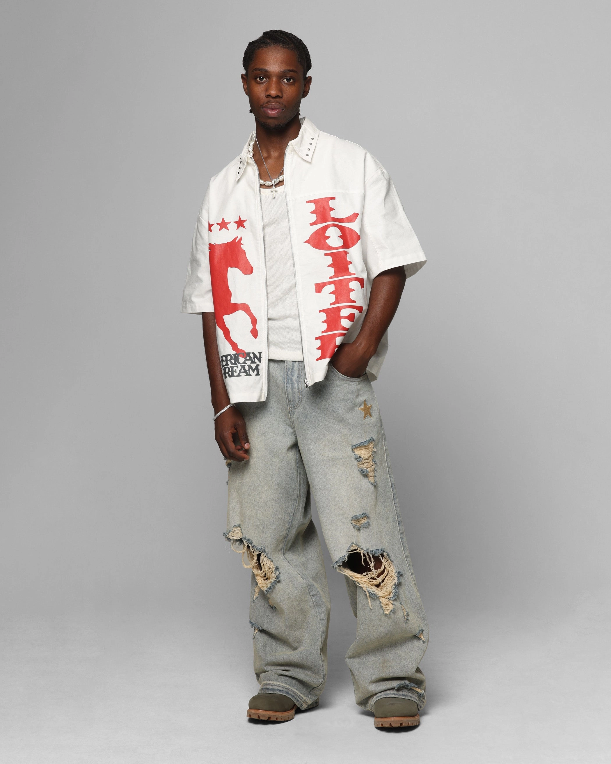 Fashionable Pick Striped Pattern Loiter Rodeo Zip Up Shirt Off White