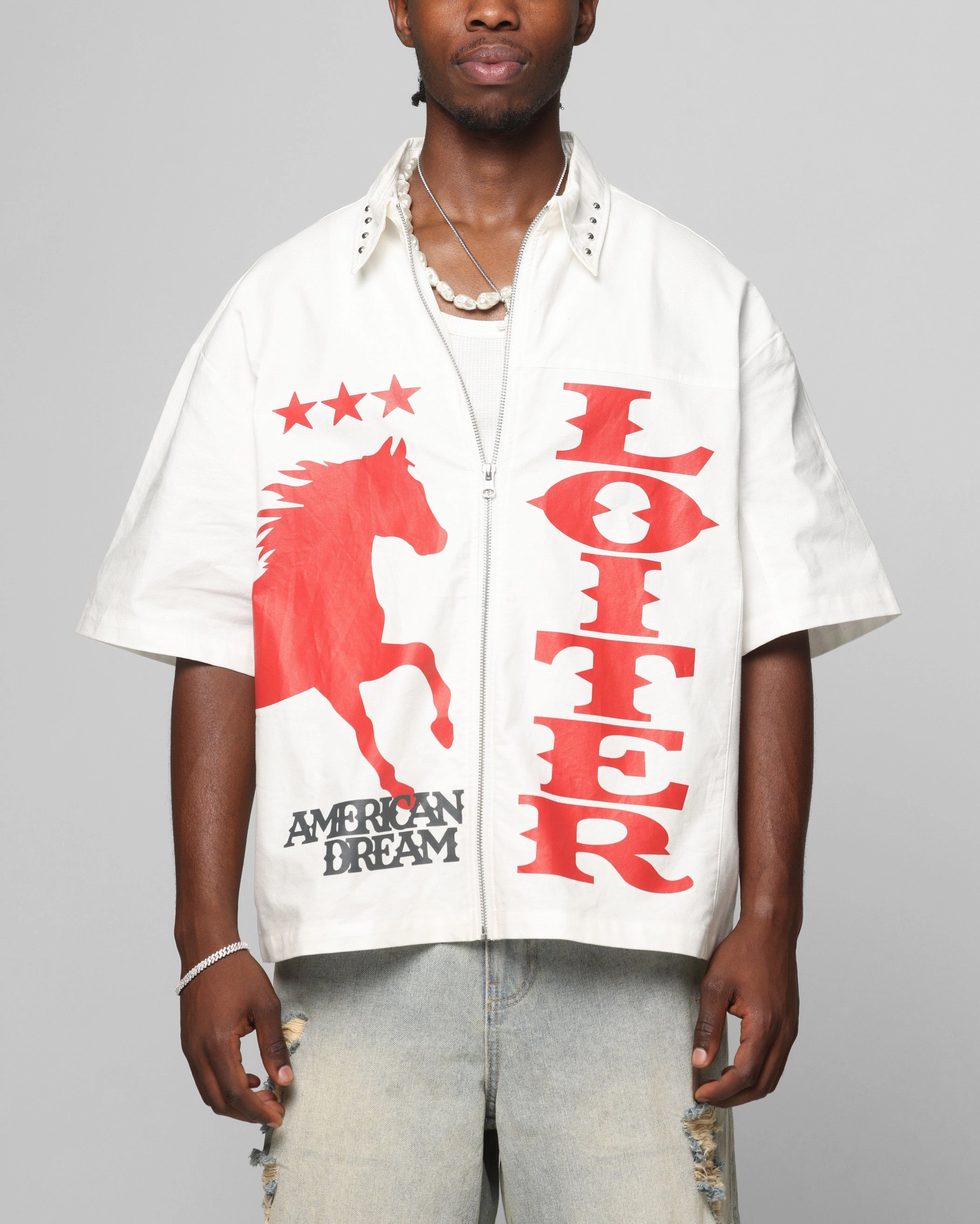 Loiter Rodeo Zip Up Shirt Off White Anti Static Finish