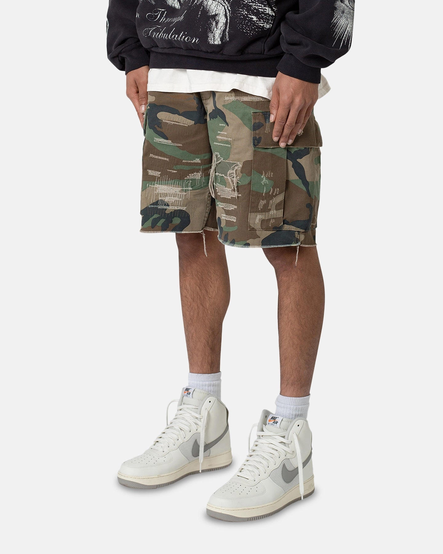 MNML Distressed Cargo Shorts Camo Polyester fabric
