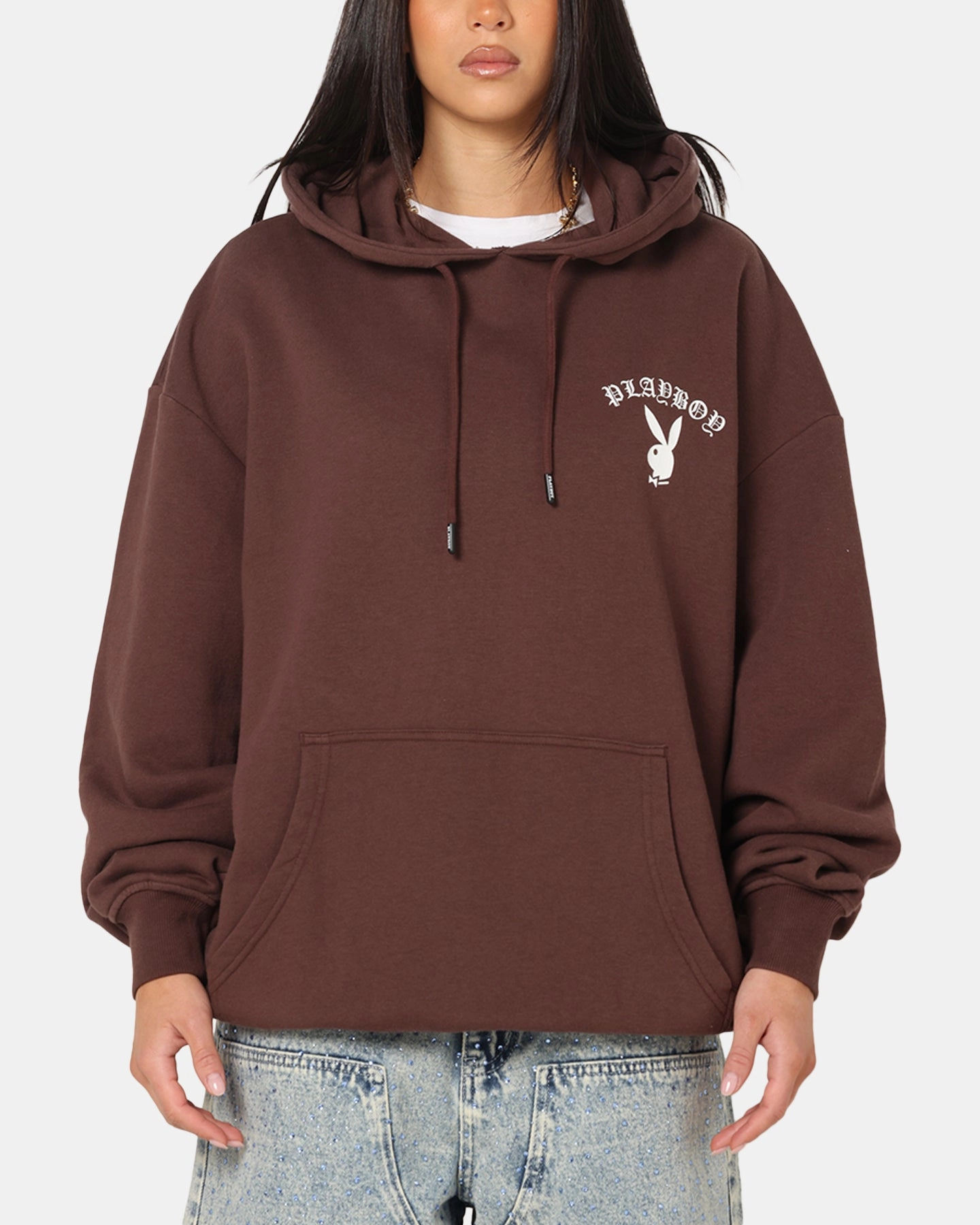 Playboy Gothic Mono Lips Hoodie Washed Brown Stylish Layer