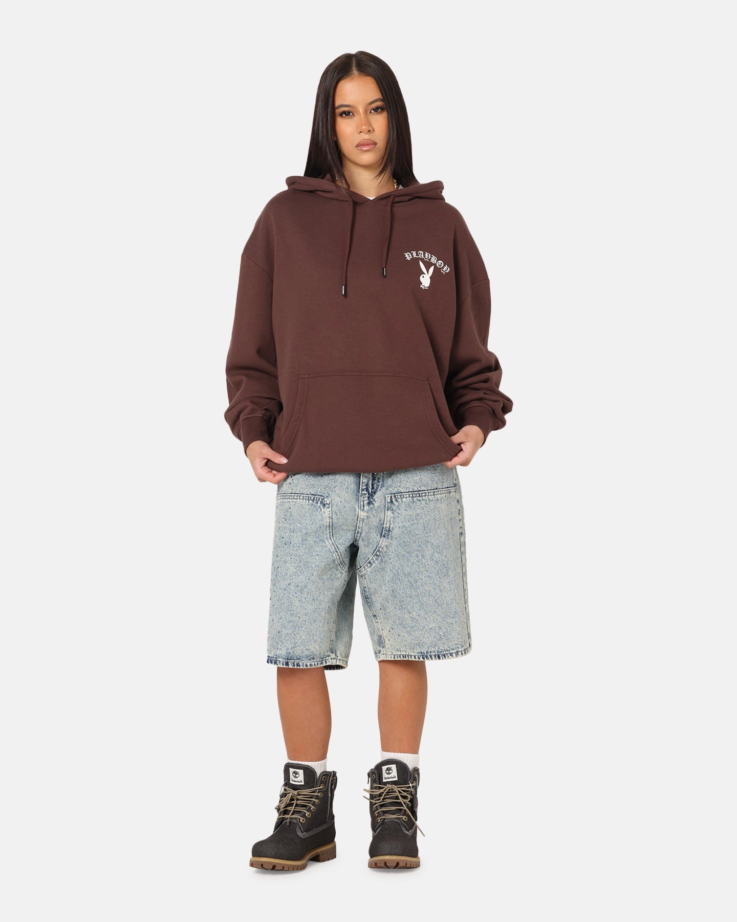 Playboy Gothic Mono Lips Hoodie Washed Brown urban vibe Faux Fur Trim