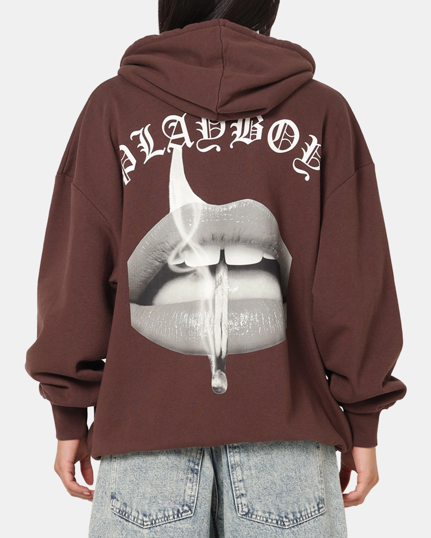Playboy Gothic Mono Lips Hoodie Washed Brown Versatile Clothing