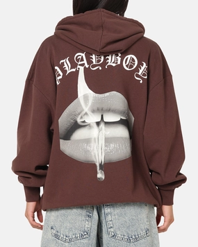 Playboy Gothic Mono Lips Hoodie Washed Brown Versatile Clothing