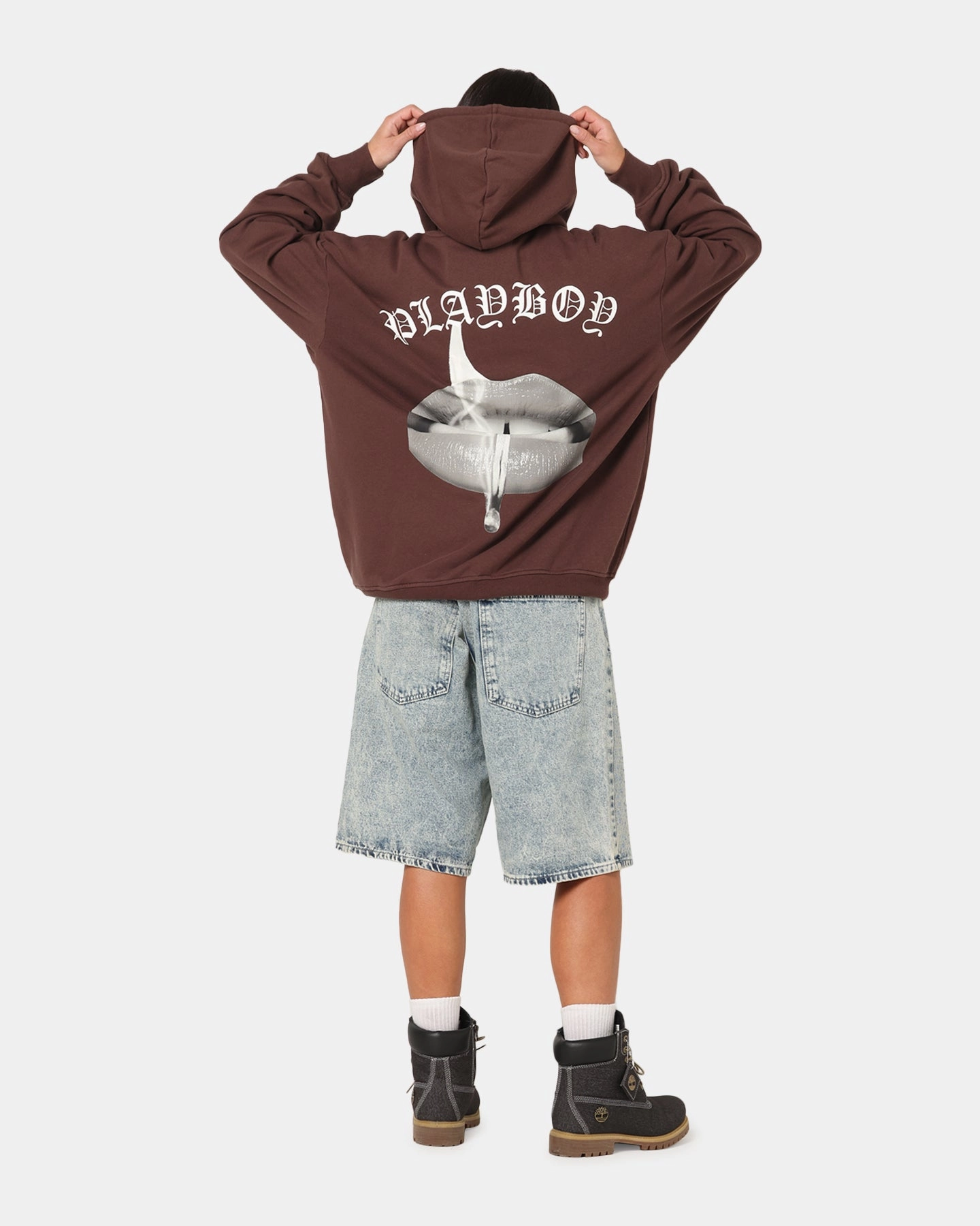 Minimal Style Budget Friendly Playboy Gothic Mono Lips Hoodie Washed Brown