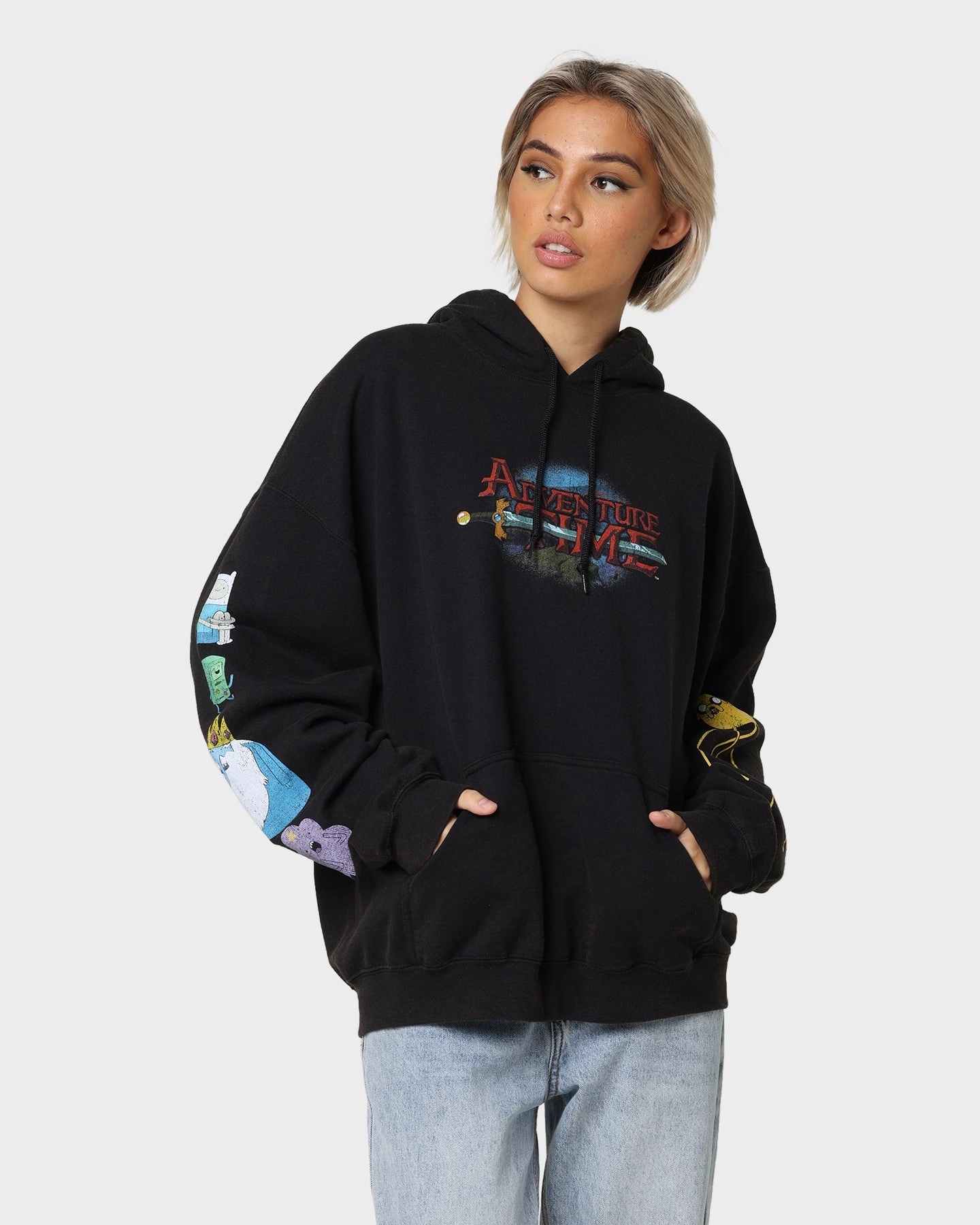 American Thrift X Adventure Time What Time Is It Vintage Hoodie Black Wash Lightweight Shirt
