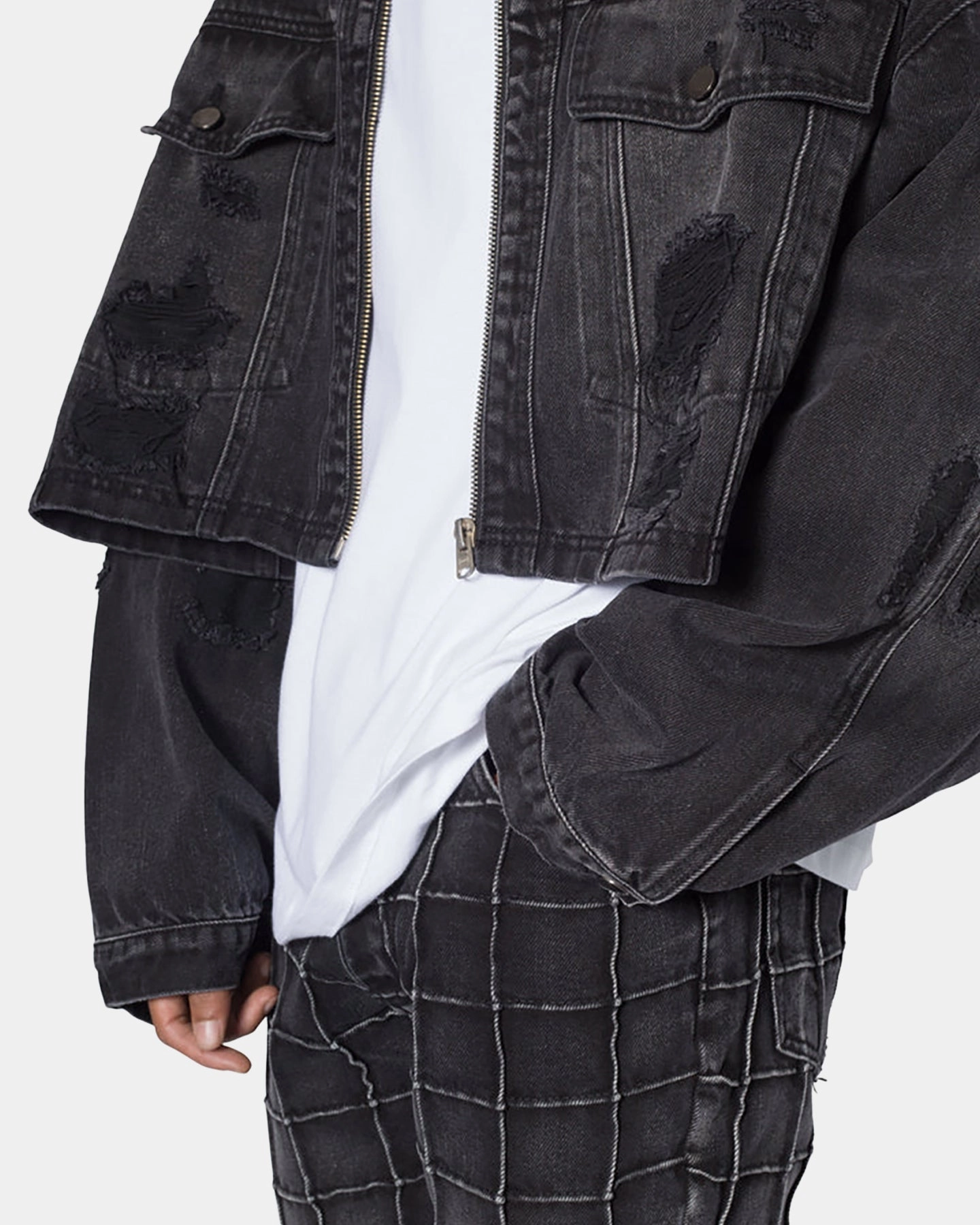 water - resistant MNML Oversized Ripped Cropped Denim Jacket Washed Black