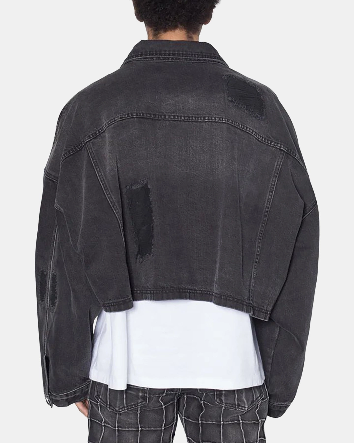 MNML Oversized Ripped Cropped Denim Jacket Washed Black Roll Moisture Wicking Layer