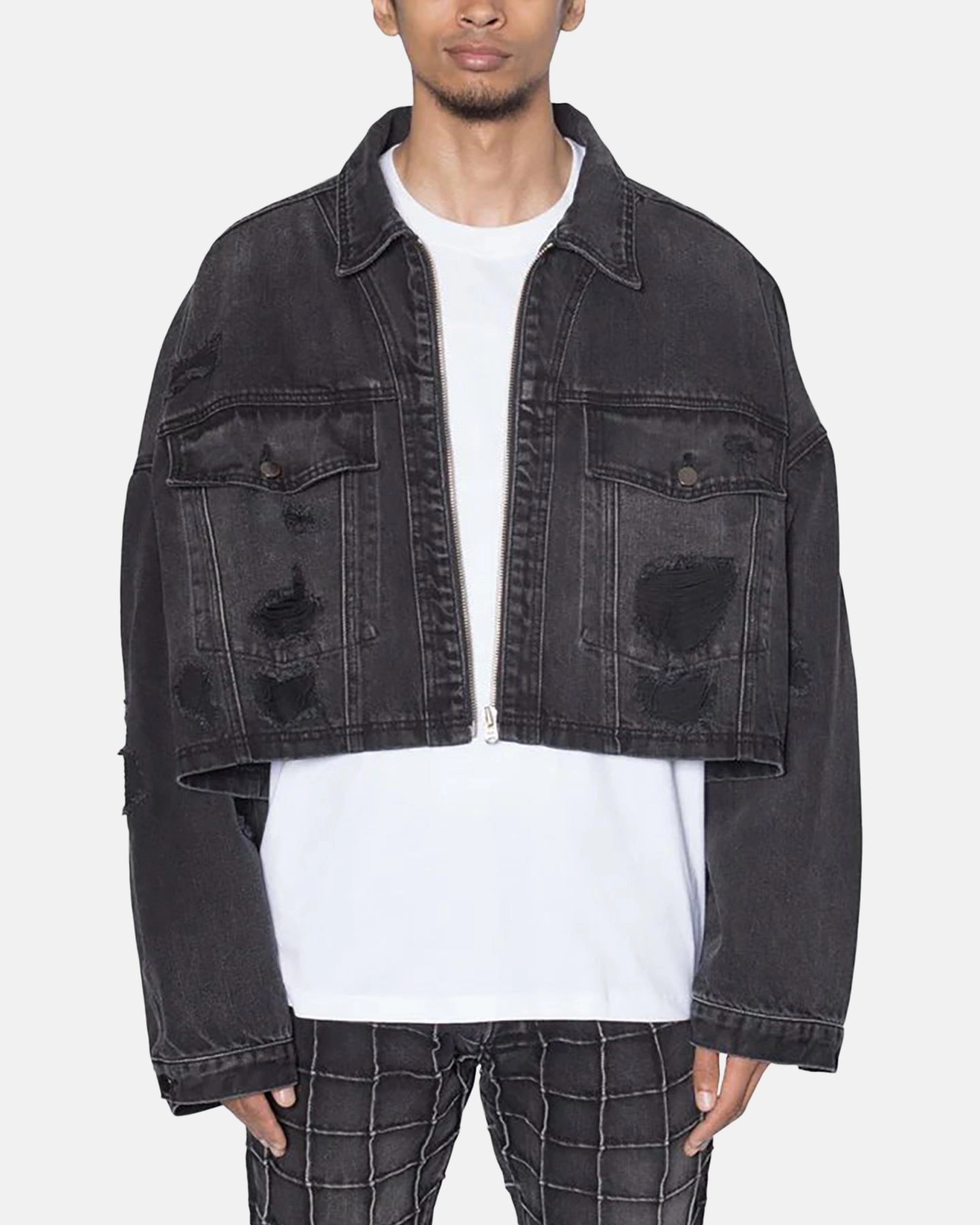 Stretchable Panels MNML Oversized Ripped Cropped Denim Jacket Washed Black