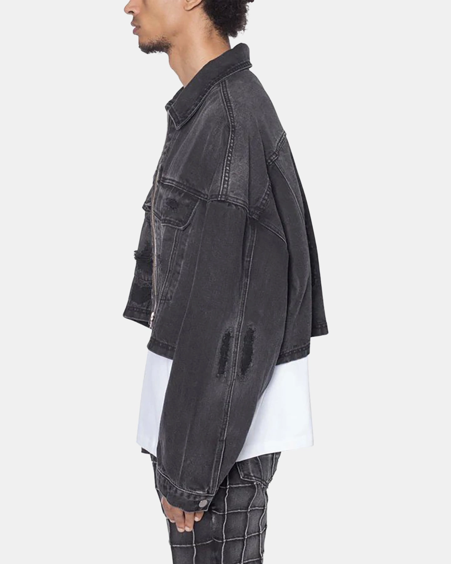 MNML Oversized Ripped Cropped Denim Jacket Washed Black birthday celebration