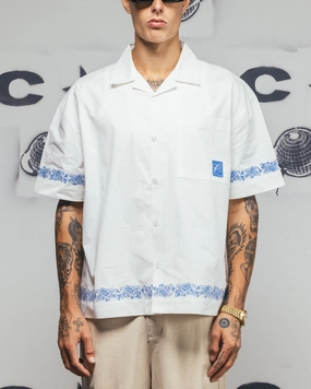 Friends Meetup Two Tone Stitching Carre Rose Bowl Button Up Shirt Off White