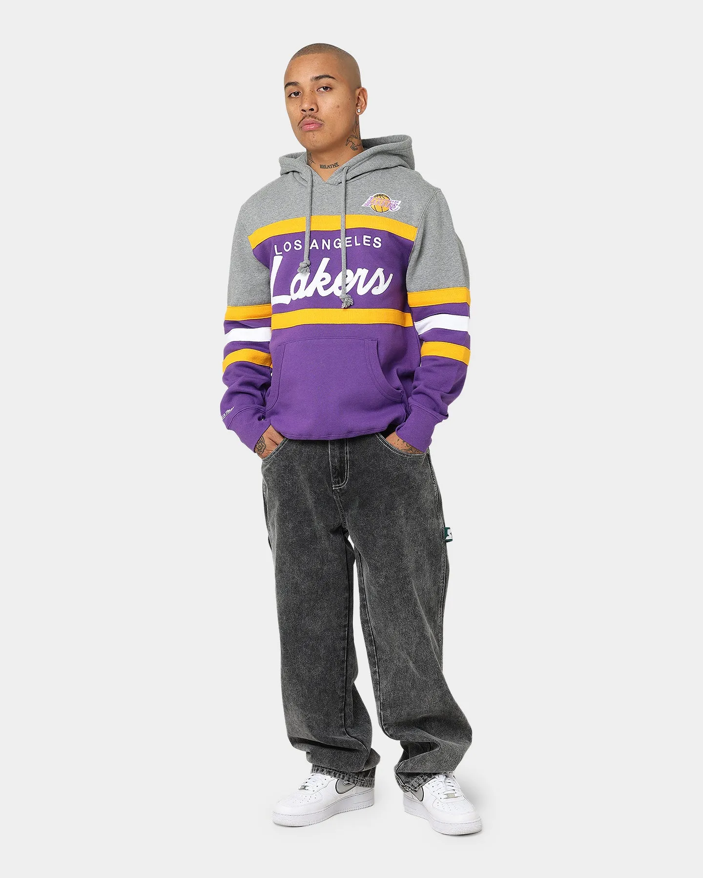 Graphic Design Anti Slip Shoulder Pads Mitchell & Ness Los Angeles Lakers Head Coach Hoodie Purple