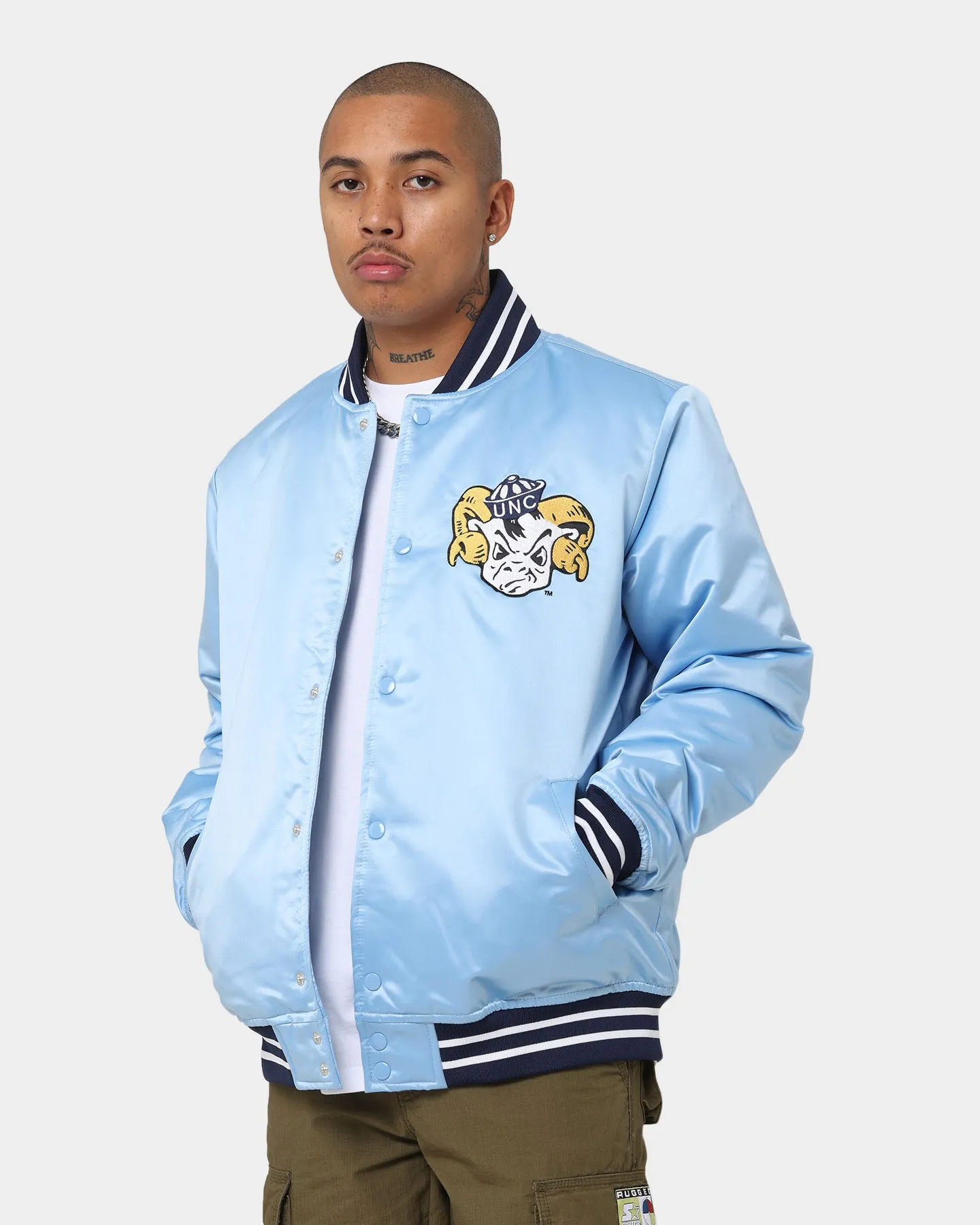 Goal Mitchell & Ness University Of North Carolina Tar Heels Heavyweight Satin Jacket Light Blue