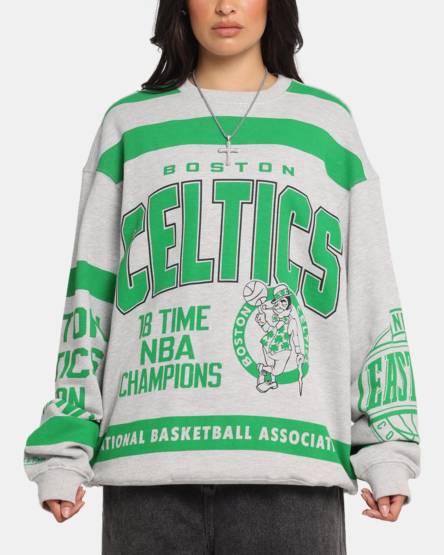 Eco Friendly Yarn Blend Zero Waste Production Mitchell & Ness Boston Celtics Letterform Crewneck Grey Marle/Official Team Color