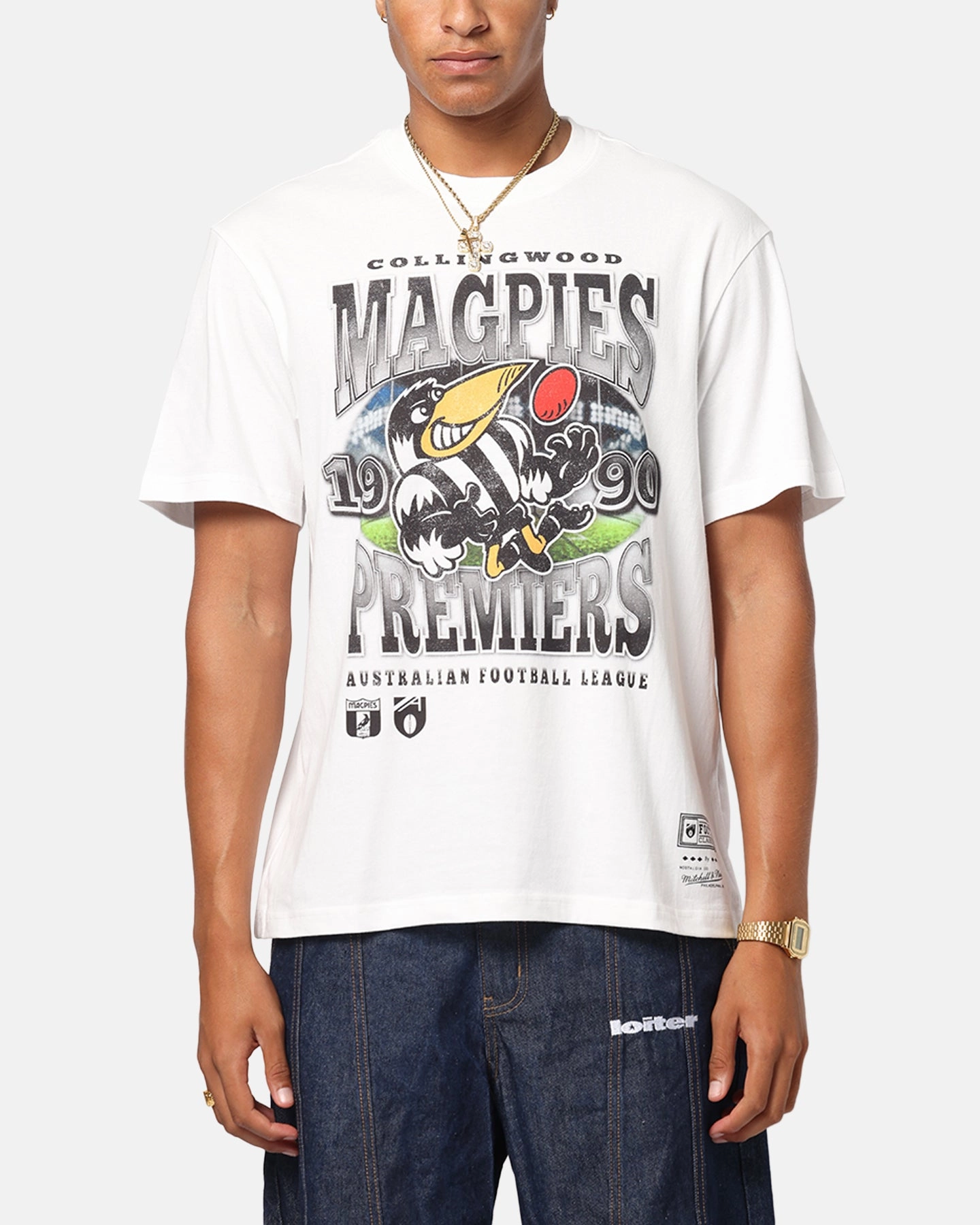 AntiStatic Properties Elderly Comfort Mitchell & Ness Collingwood Magpies Mascot T-Shirt Vintage White