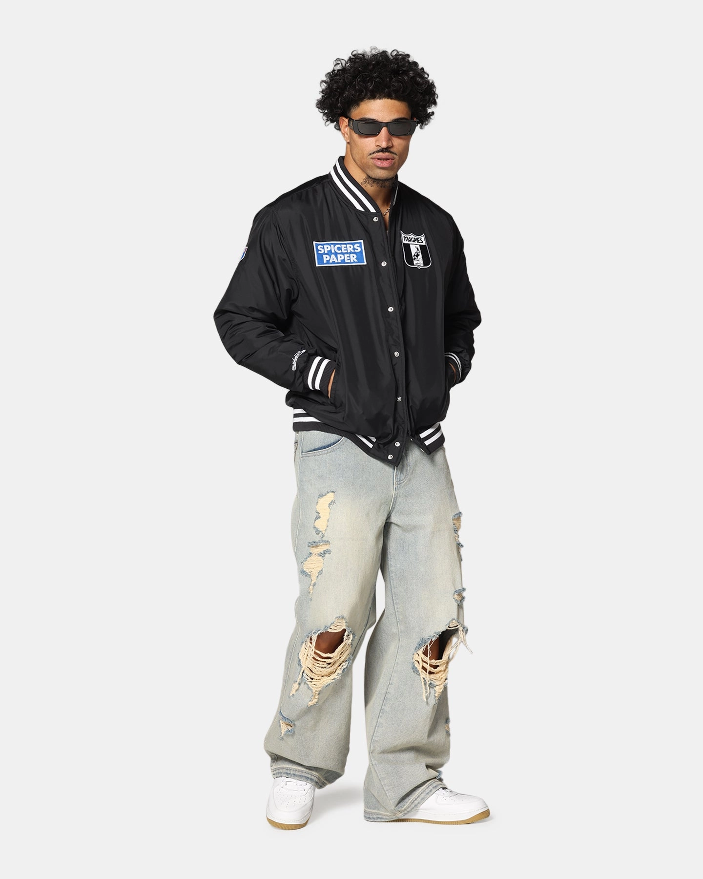 Mitchell & Ness Collingwood Magpies Team Bomber Jacket Solid Black FullLengthZip Windproof Barrier Design