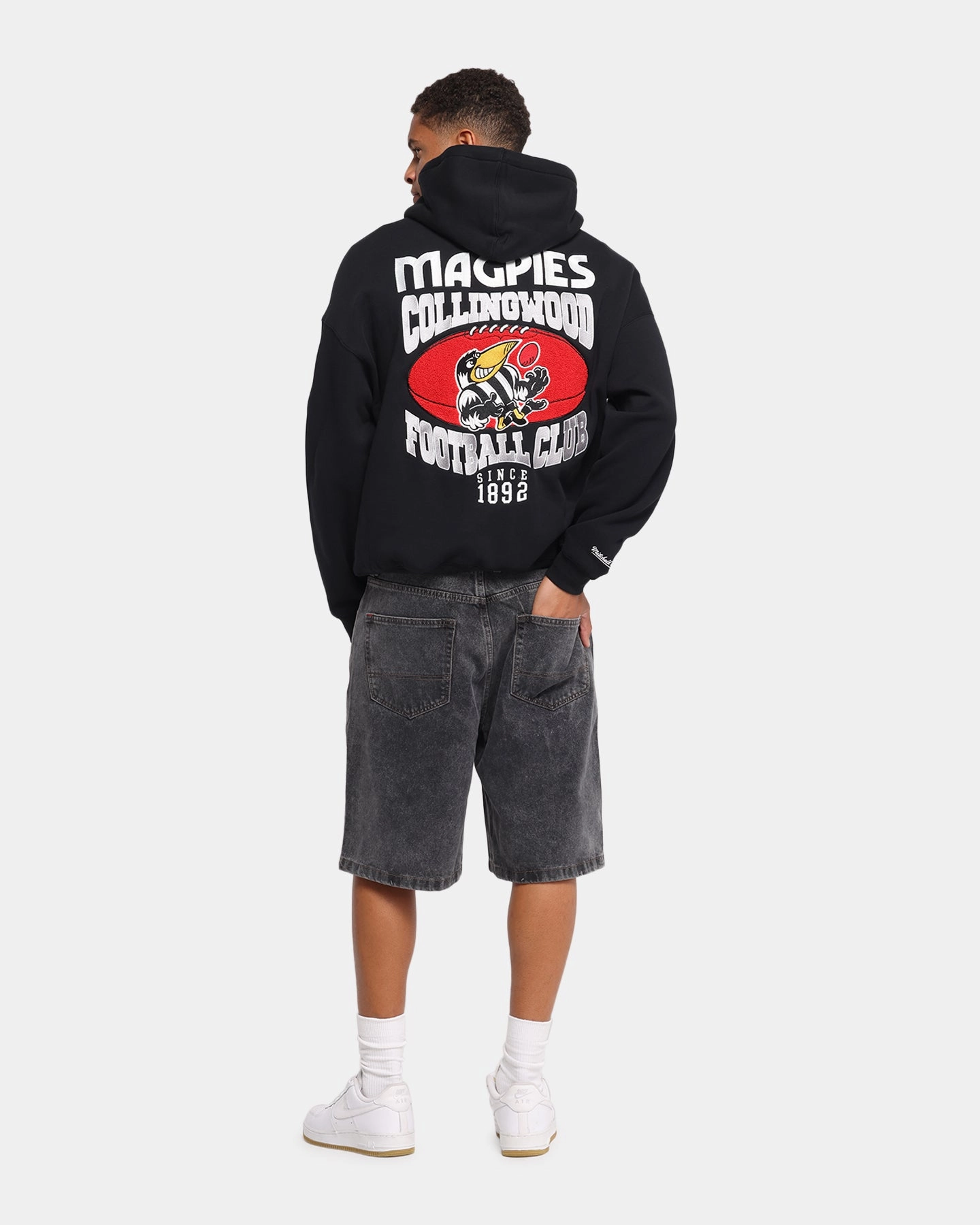 Mitchell & Ness Collingwood Magpies Team Hoodie Solid Black AbrasionResistant Edging Multi Seasonal